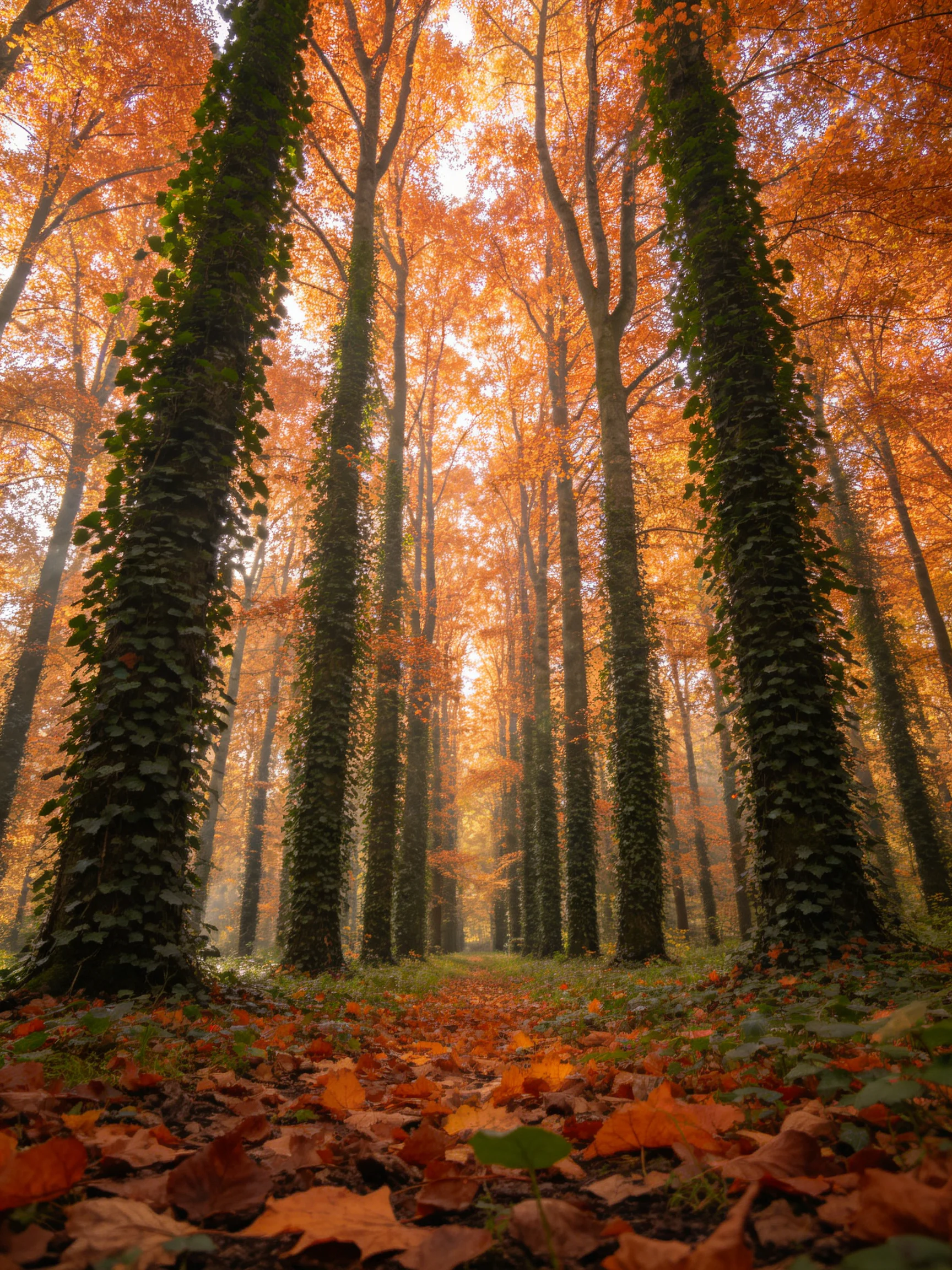 A forest of tall trees with golden autumn foliage and ivy-covered trunks
