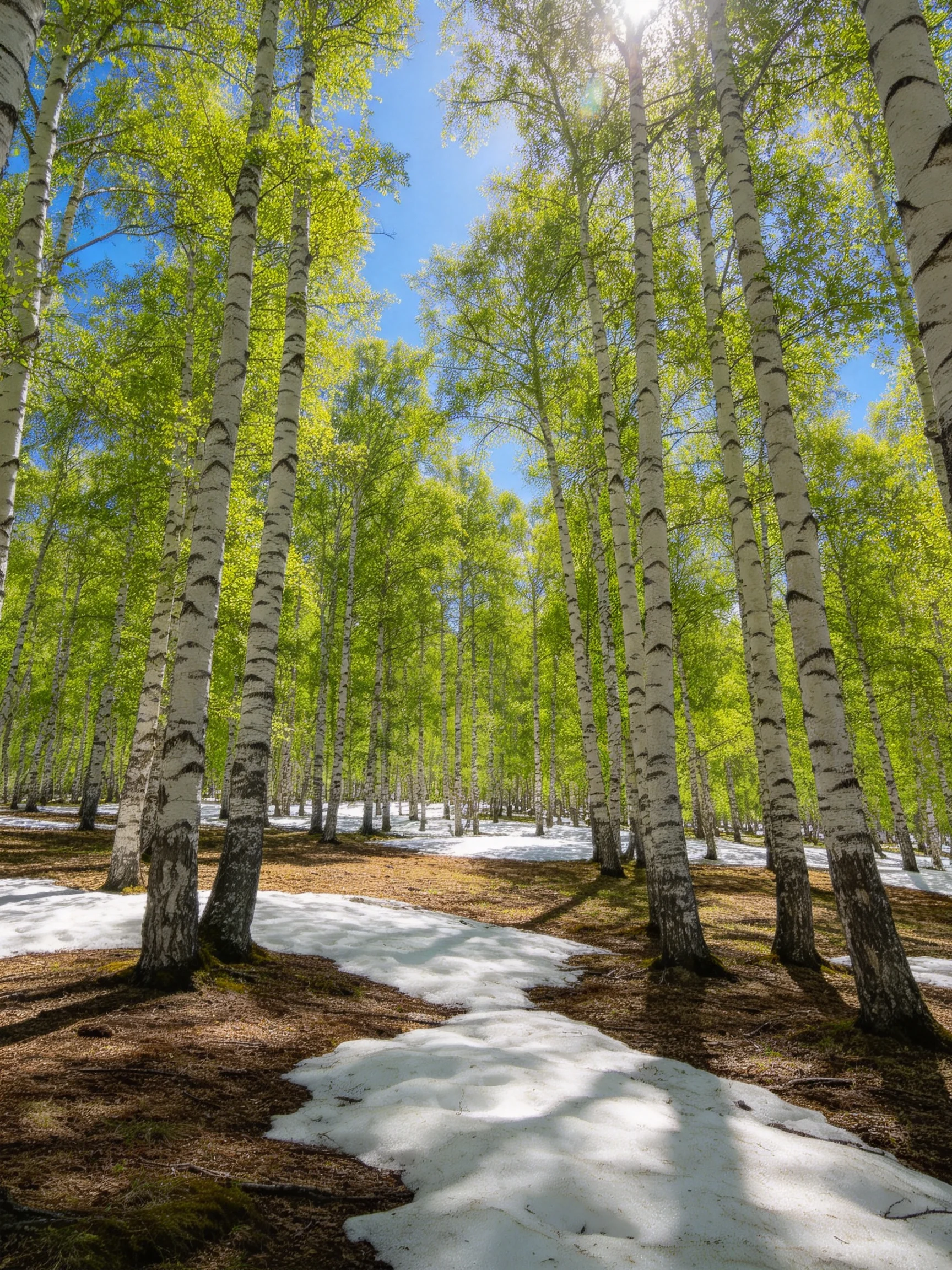 A forest of white-barked birches with green foliage and scattered snow