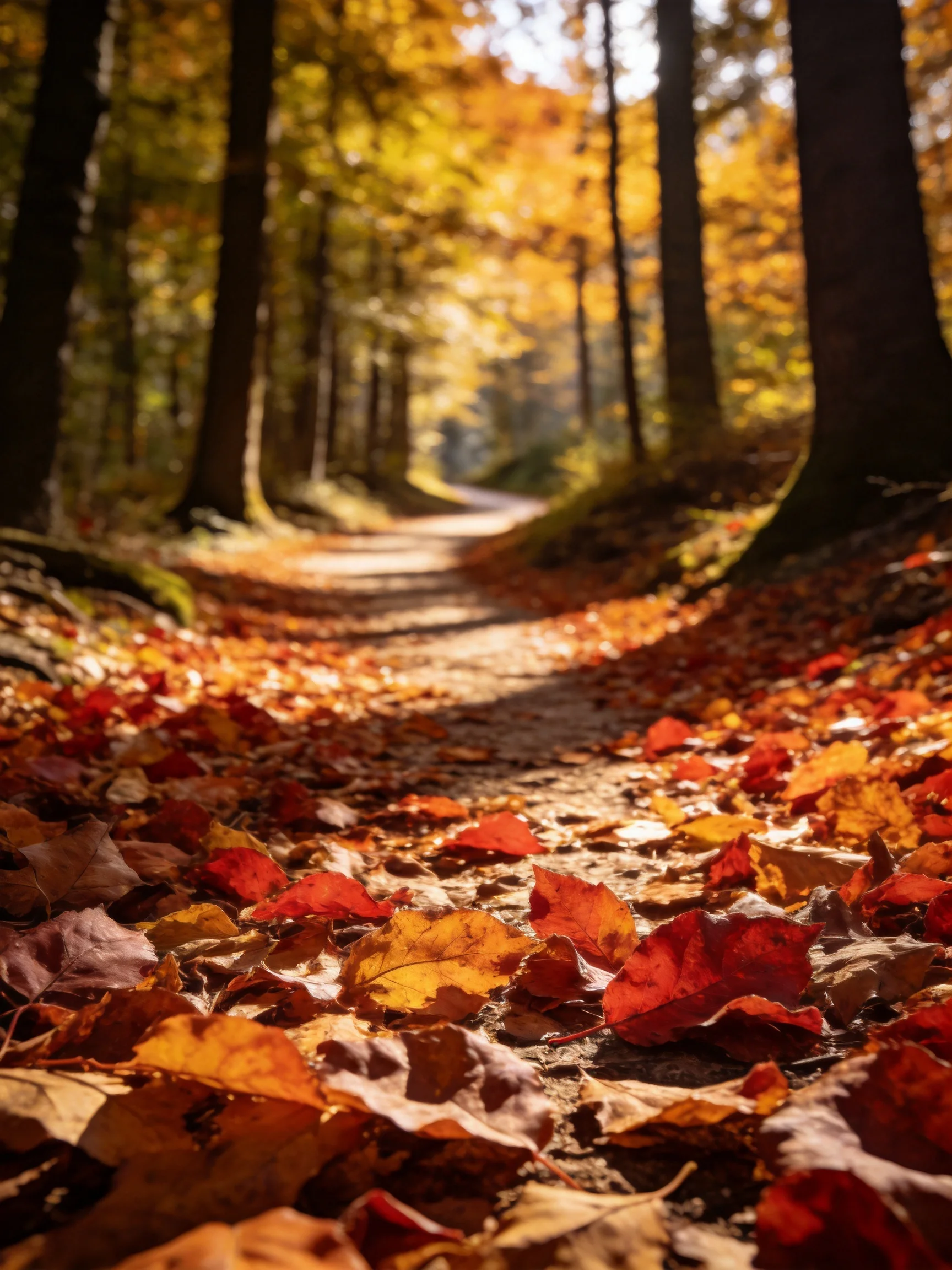 A forest path blanketed with colorful autumn leaves under golden sunlight