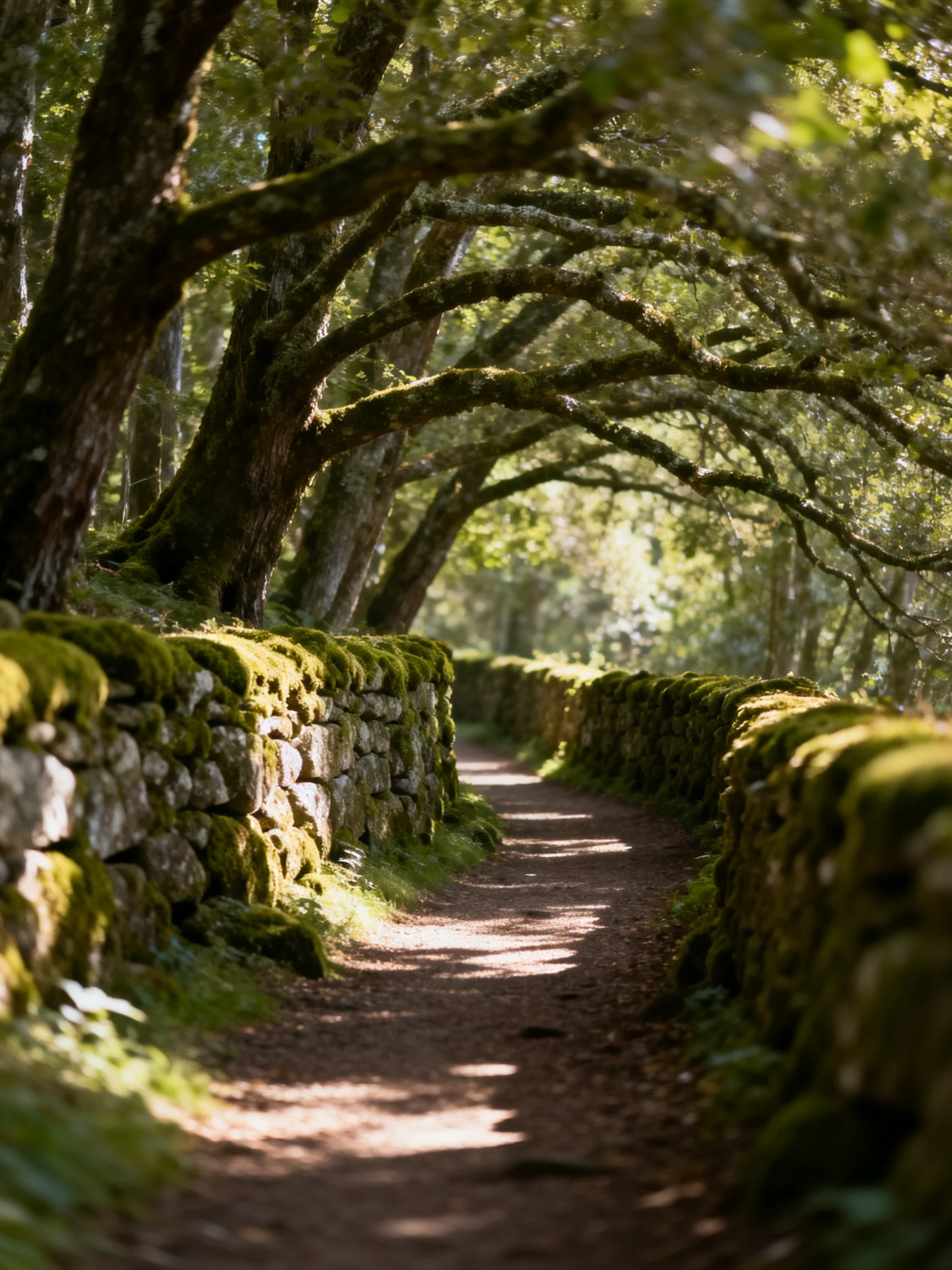 A forest path bordered by mossy stone walls under filtered sunlight