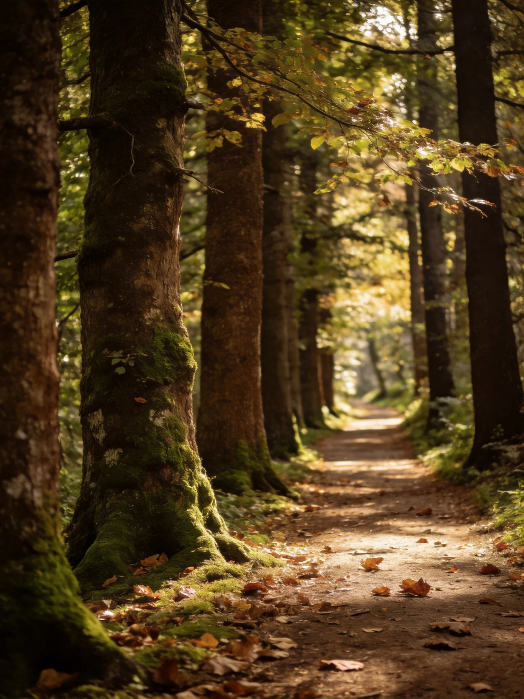 A forest path bordered by tall mossy trees is lit by sunlight with fallen leaves