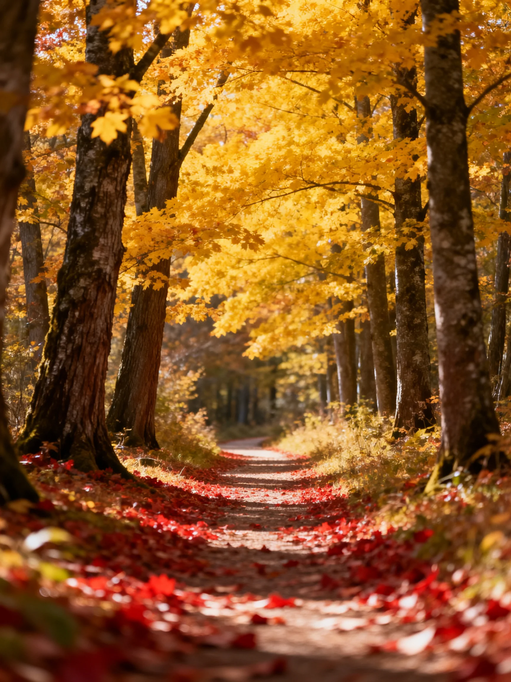 A forest path covered in red fallen leaves, flanked by golden maple trees