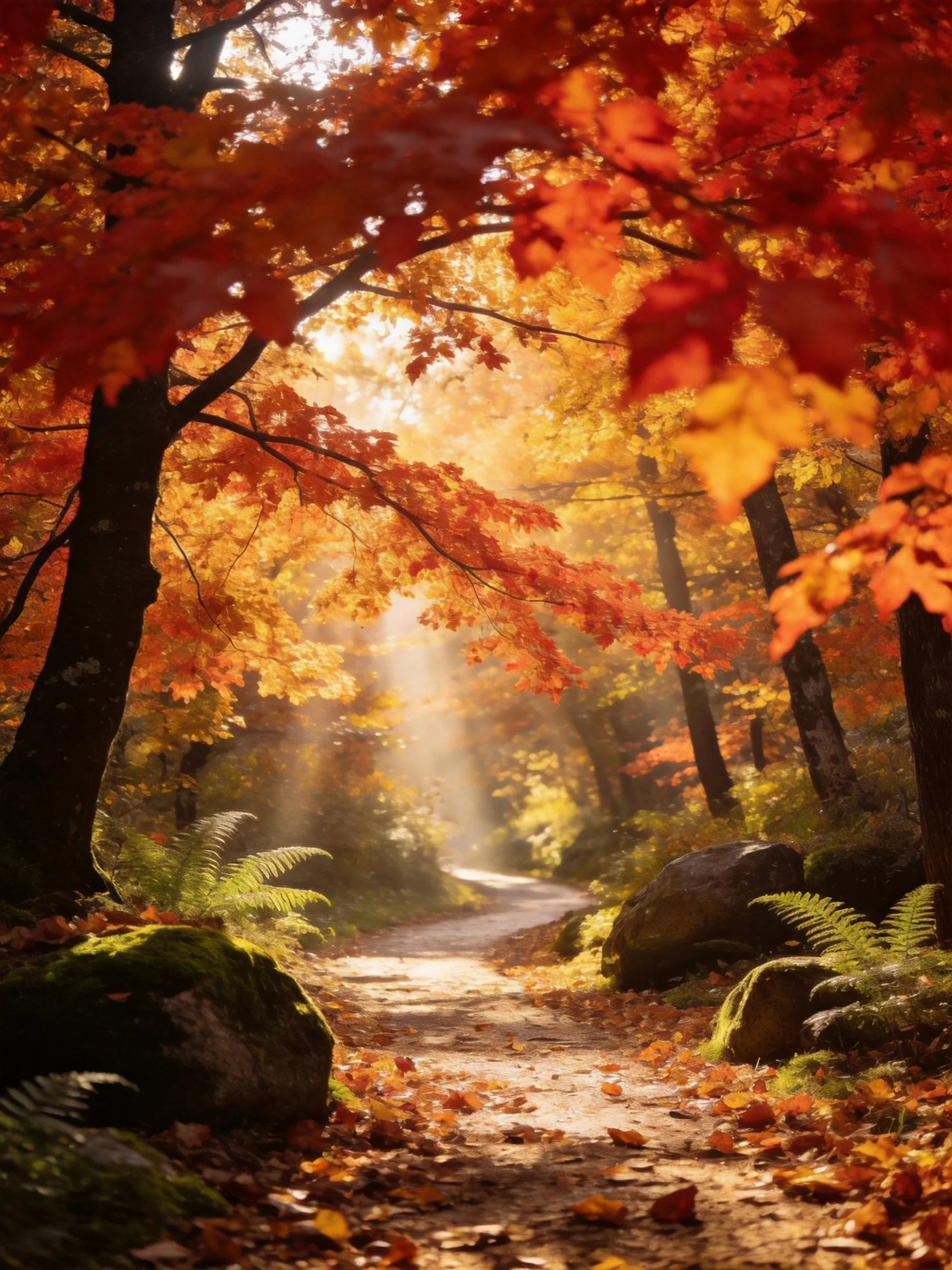 A forest path framed by vibrant fall trees with sunlight streaming