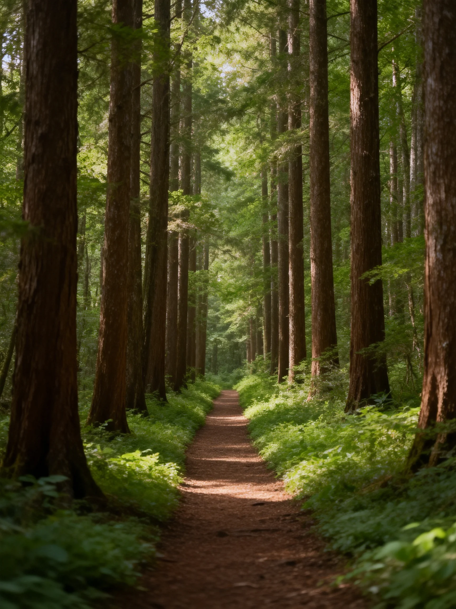 A forest path lined with tall trees extends into the distance