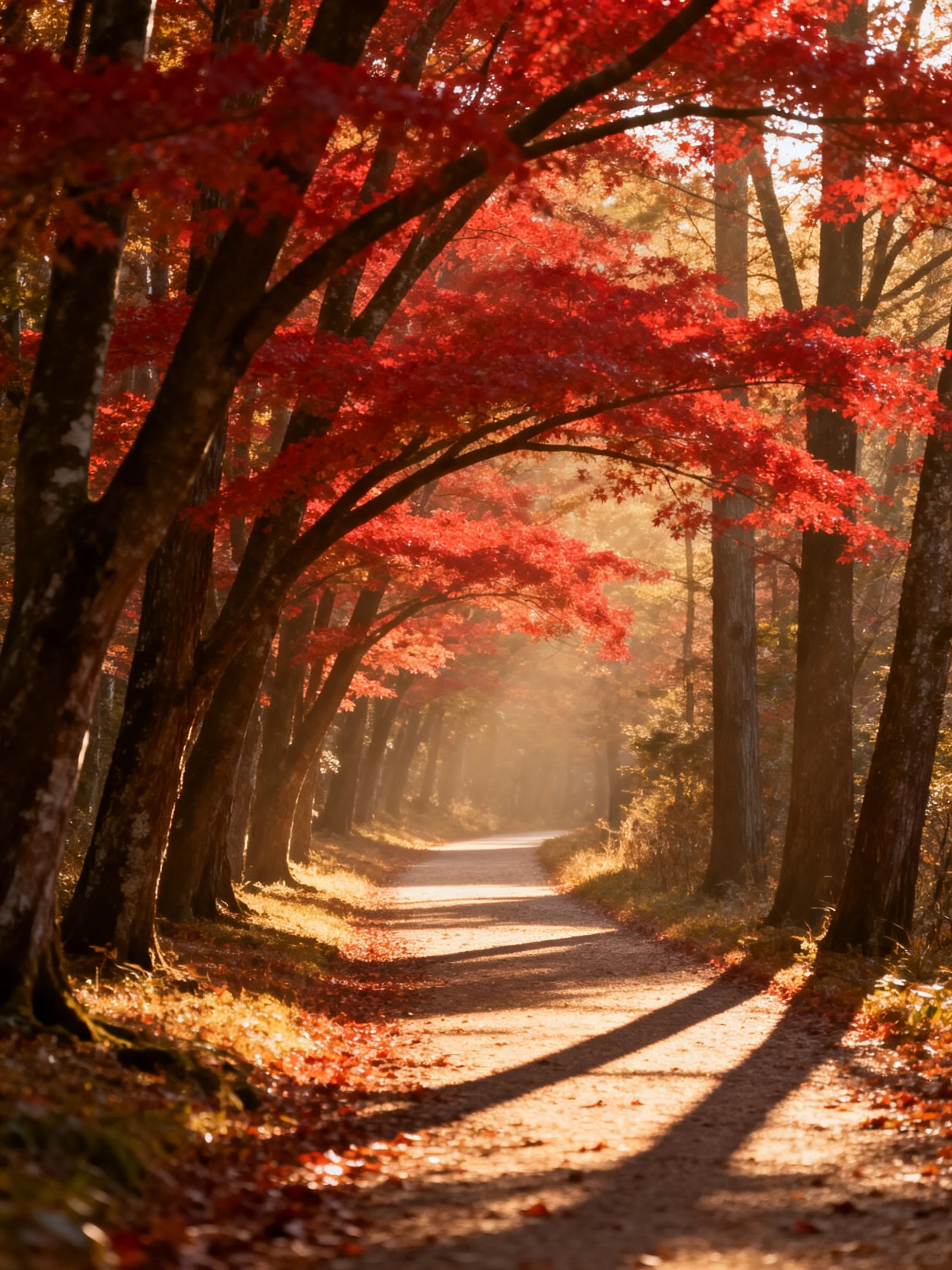 A forest path surrounded by vibrant red maple trees under golden autumn light