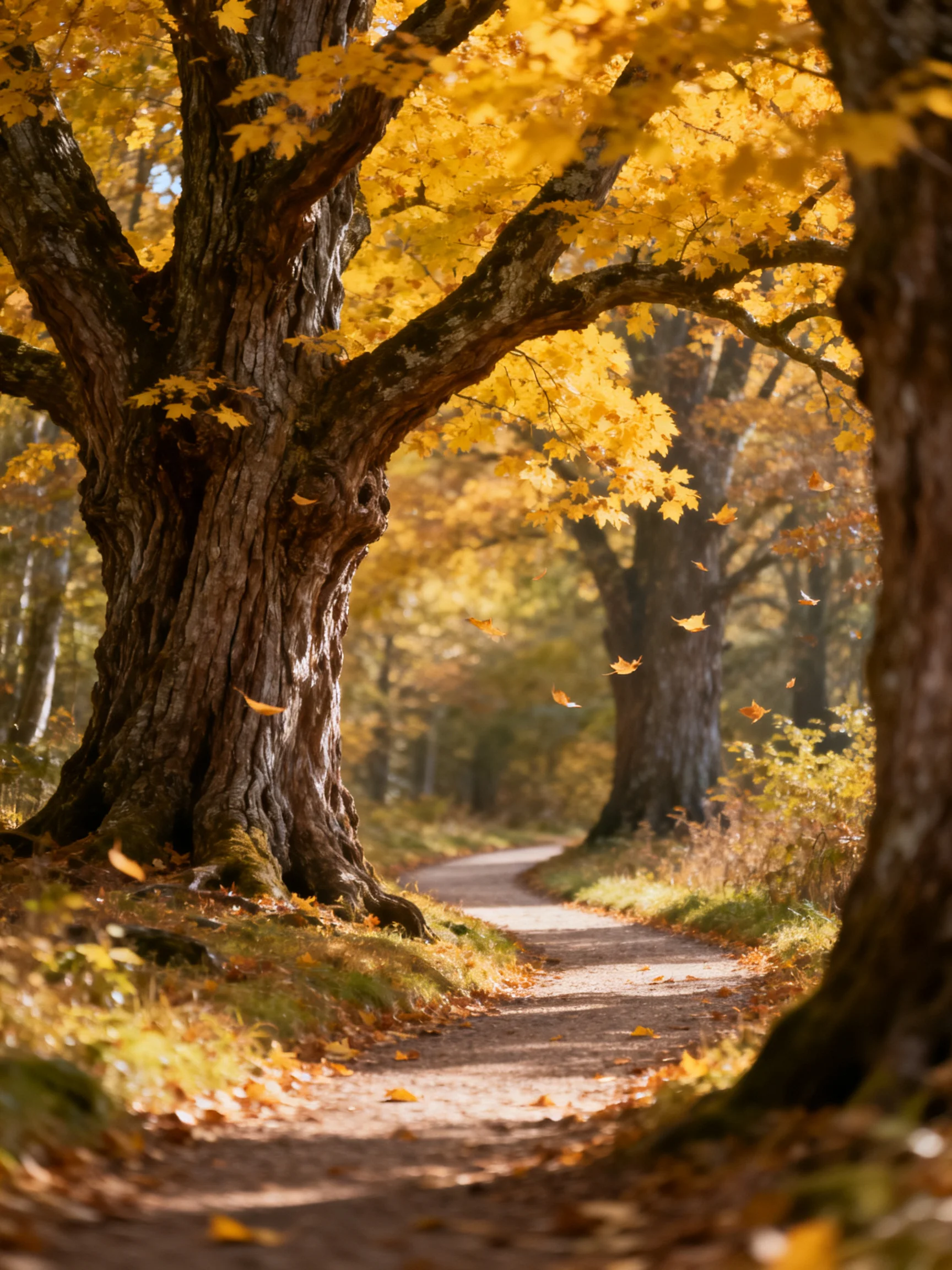 A forest path winds between large golden-leaved trees in an autumnal forest