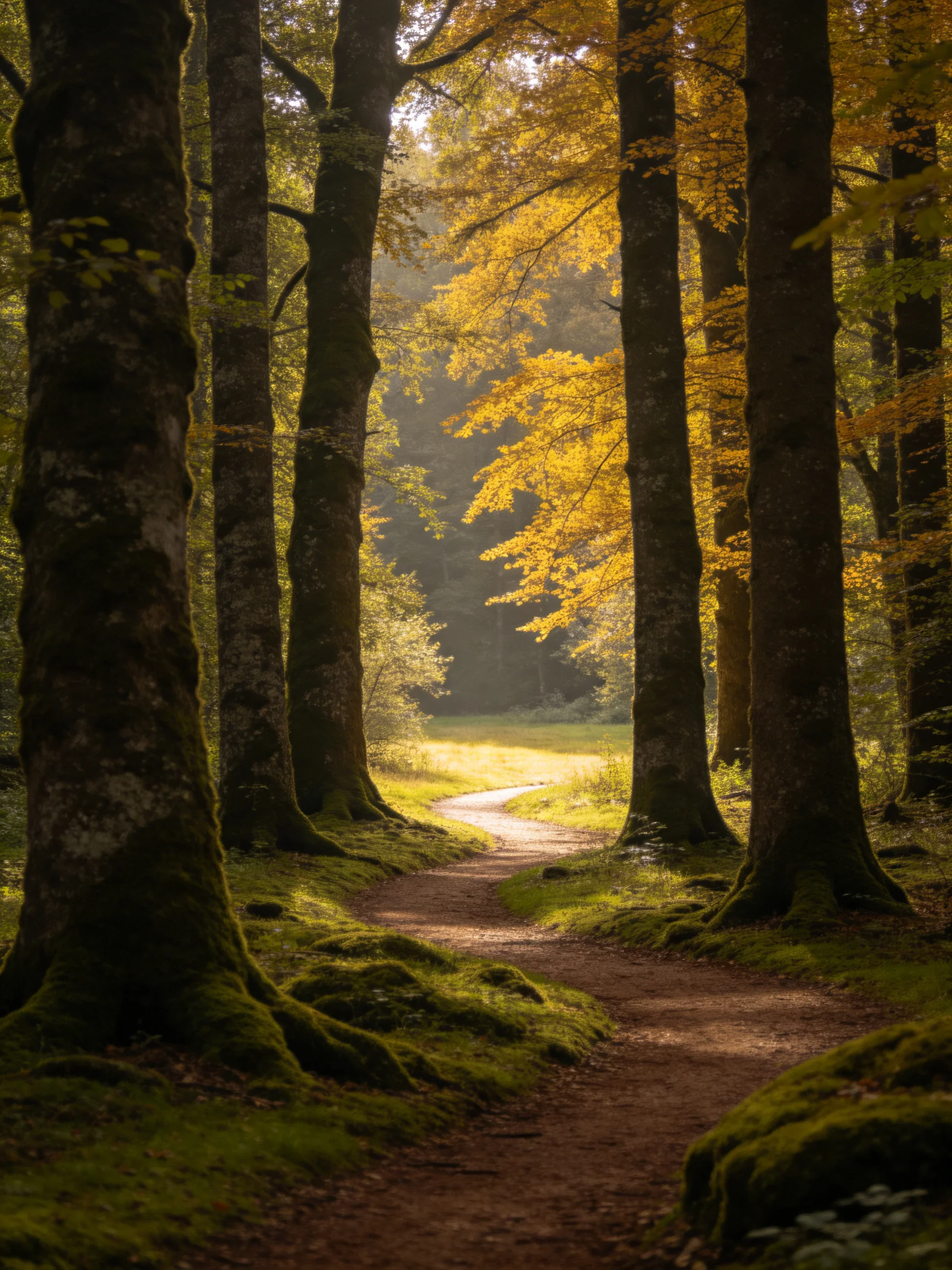 A forest path winds between tall dark-trunked trees with golden foliage