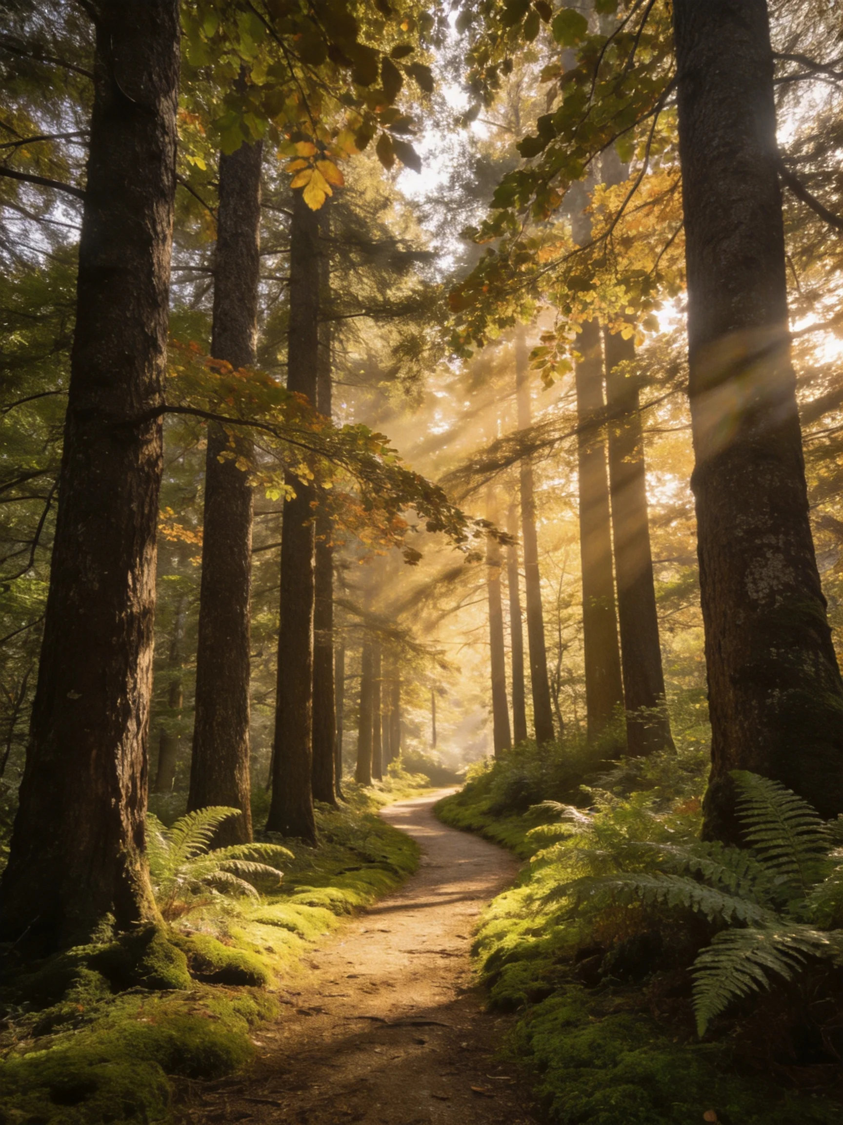 A forest path winds between tall trees, bathed in golden sunlight filtering through foliage