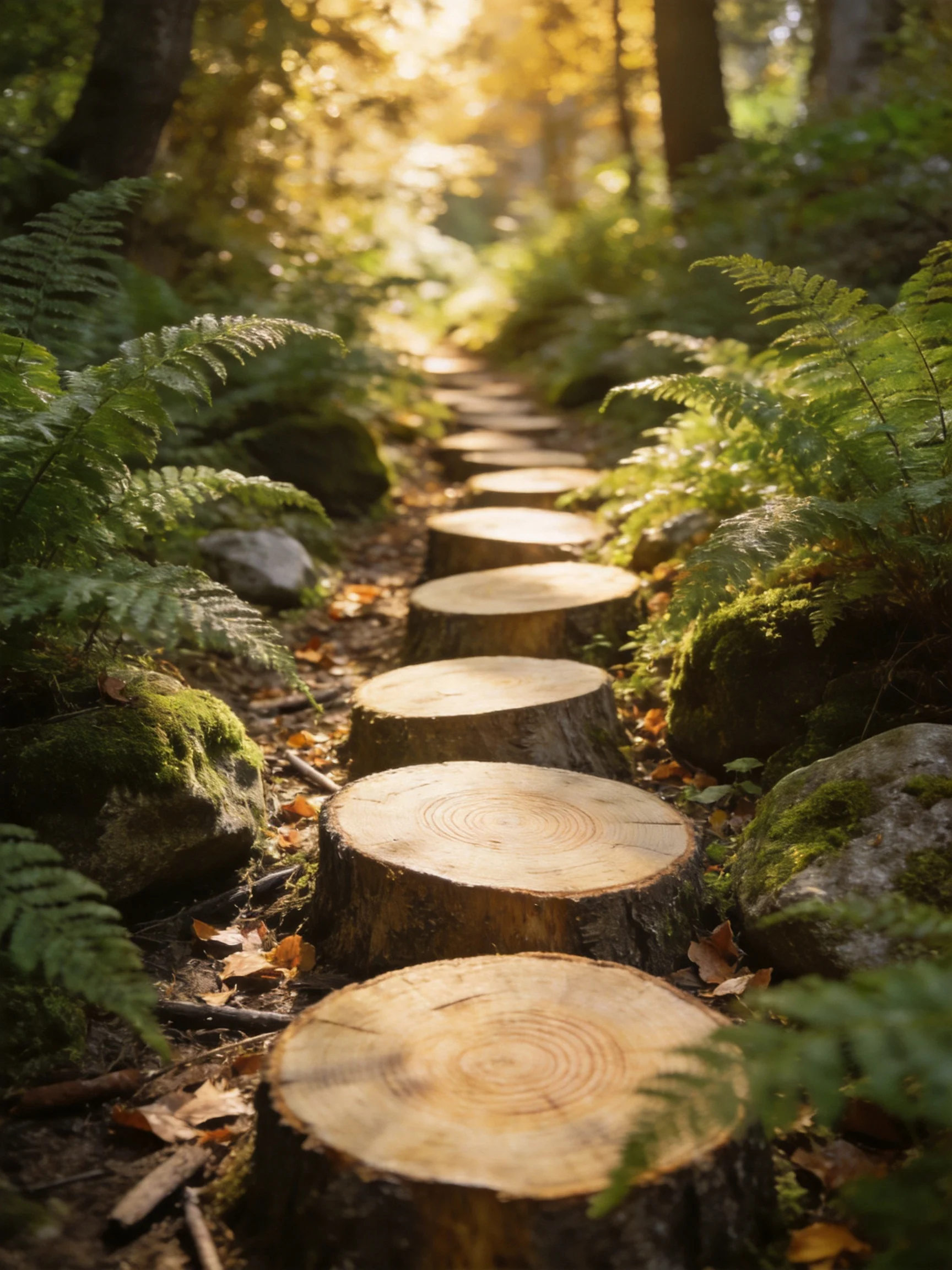 A forest path with wooden stump stepping stones among ferns and moss