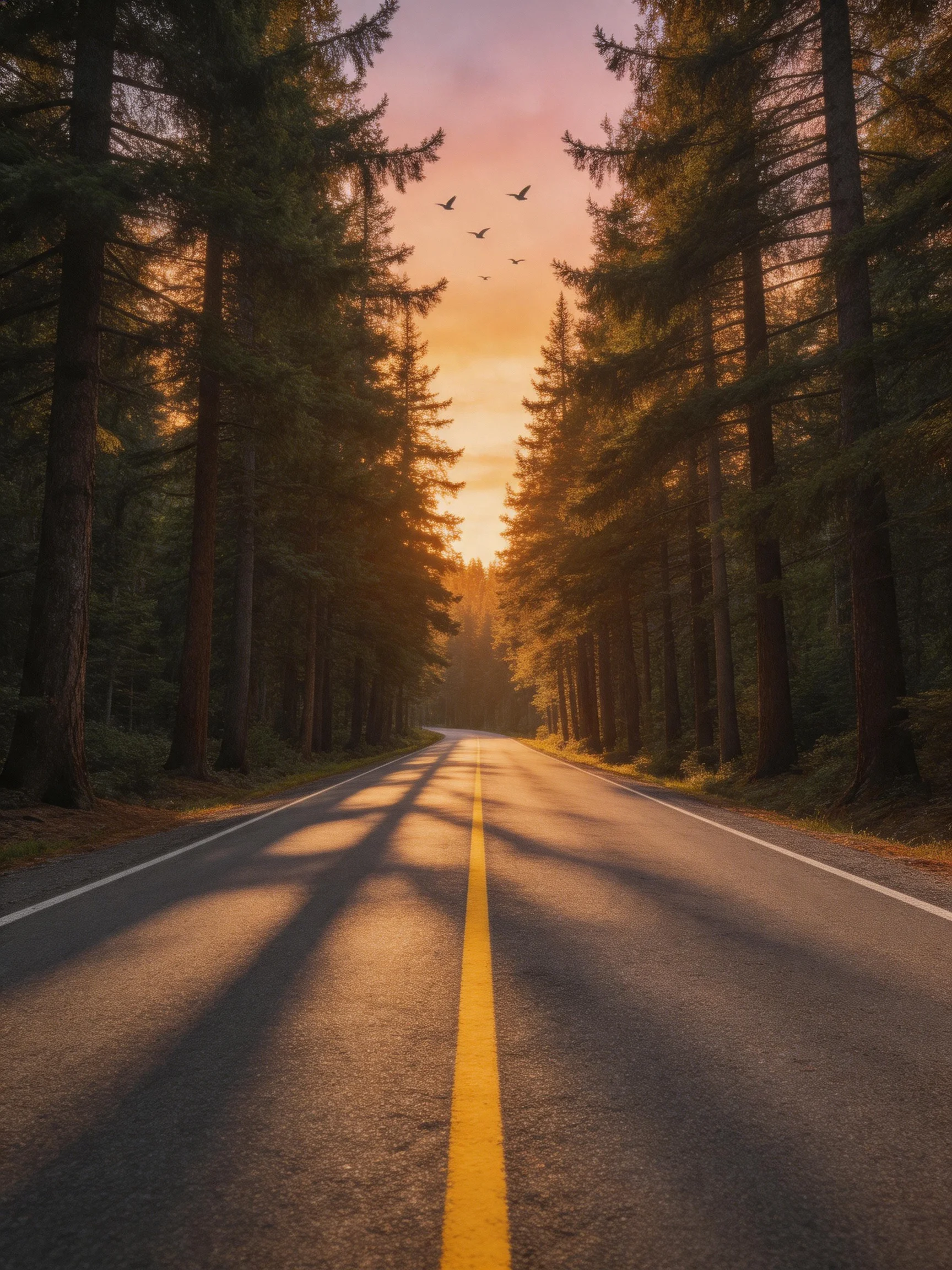 A forest road lined with tall pines under golden sunset light