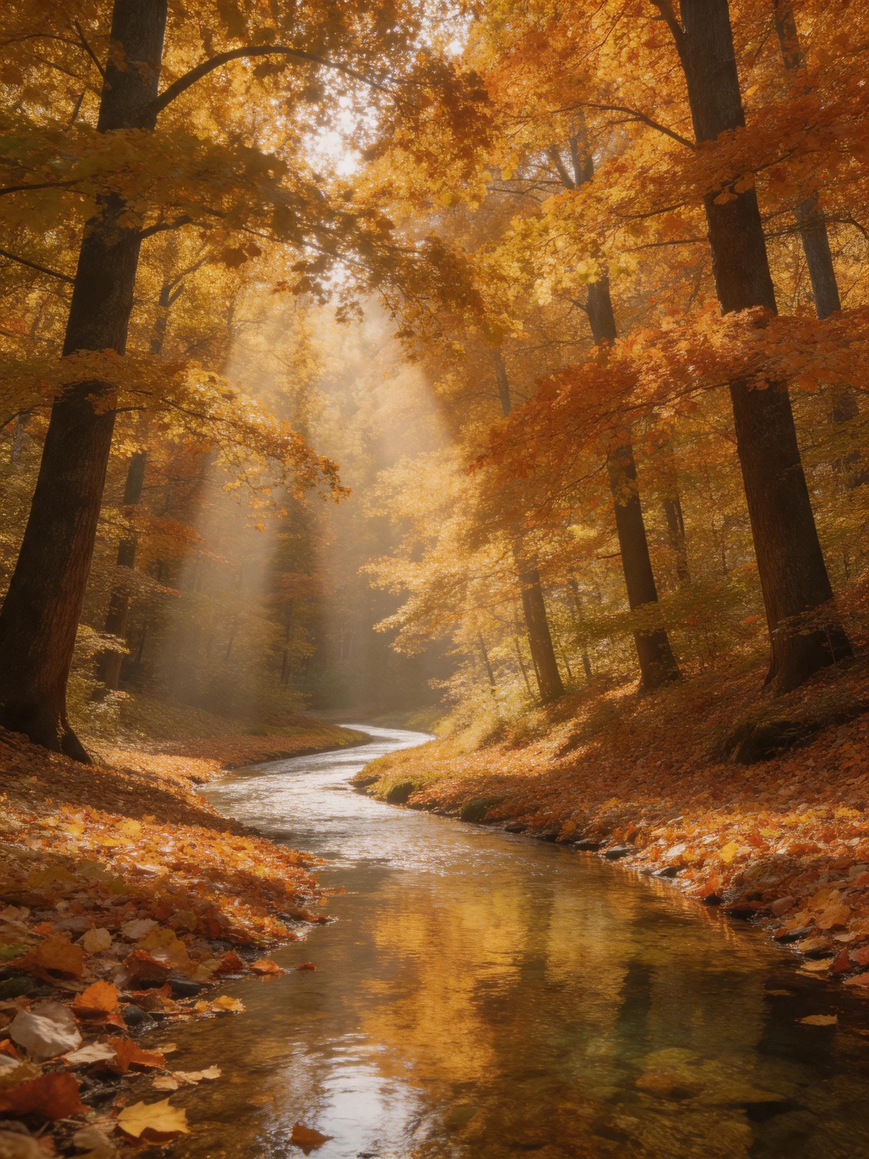A forest stream surrounded by golden autumn trees with sunbeams