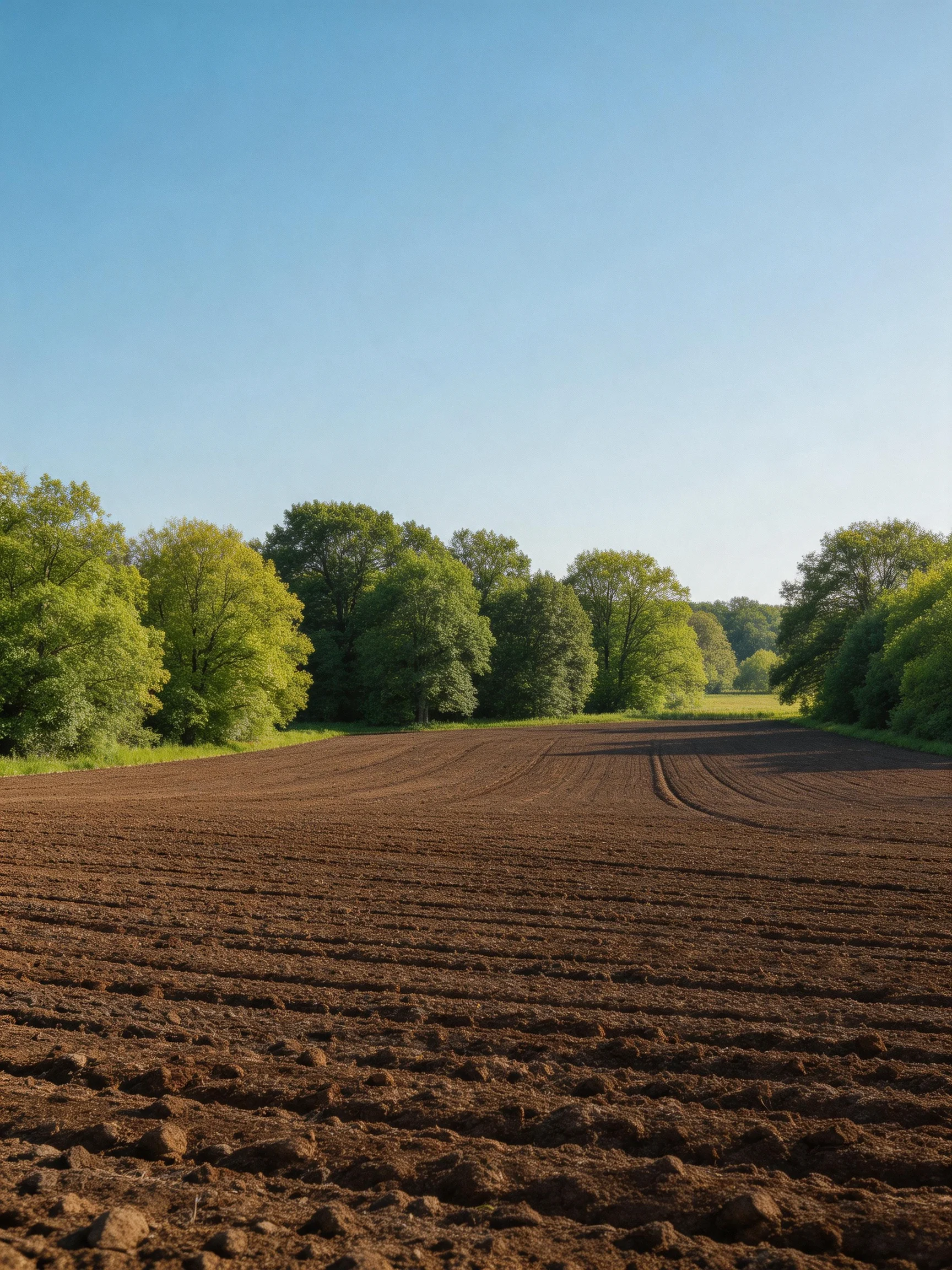 A freshly plowed brown field bordered by lush green trees under clear blue sky