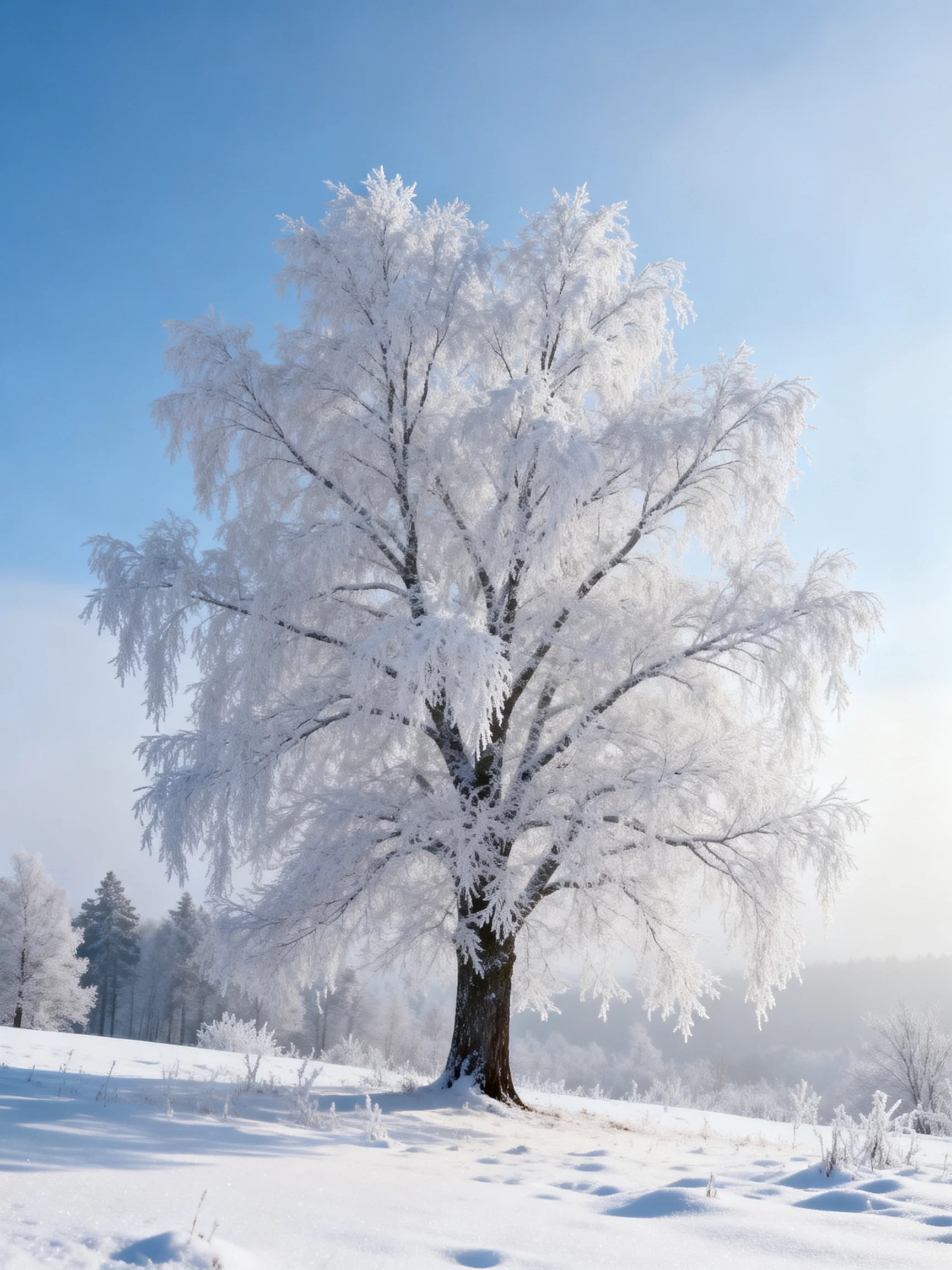 A frost-covered tree stands tall in a snowy winter landscape