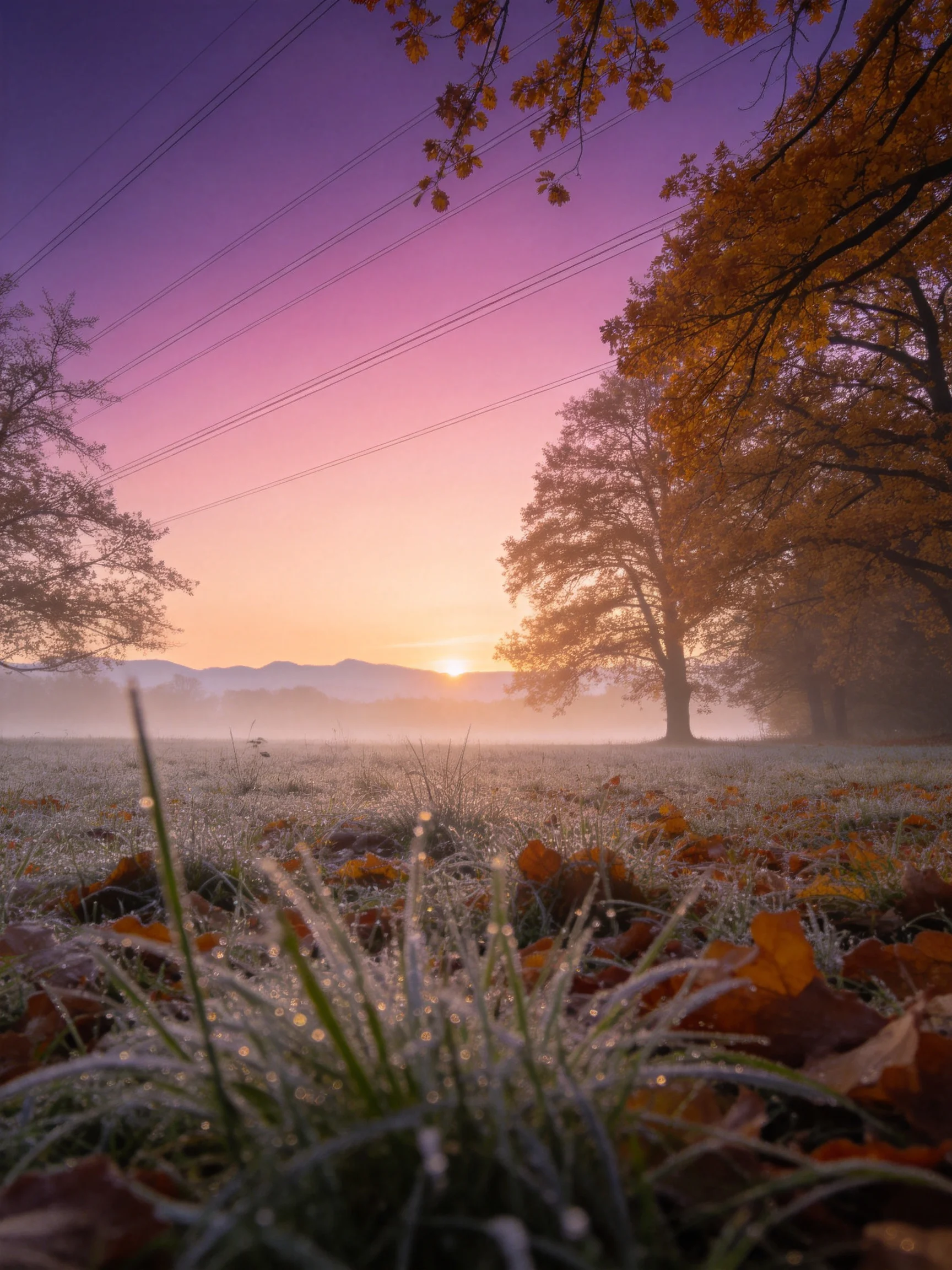 A frost-kissed meadow beneath a vibrant dawn sky with golden-hued trees