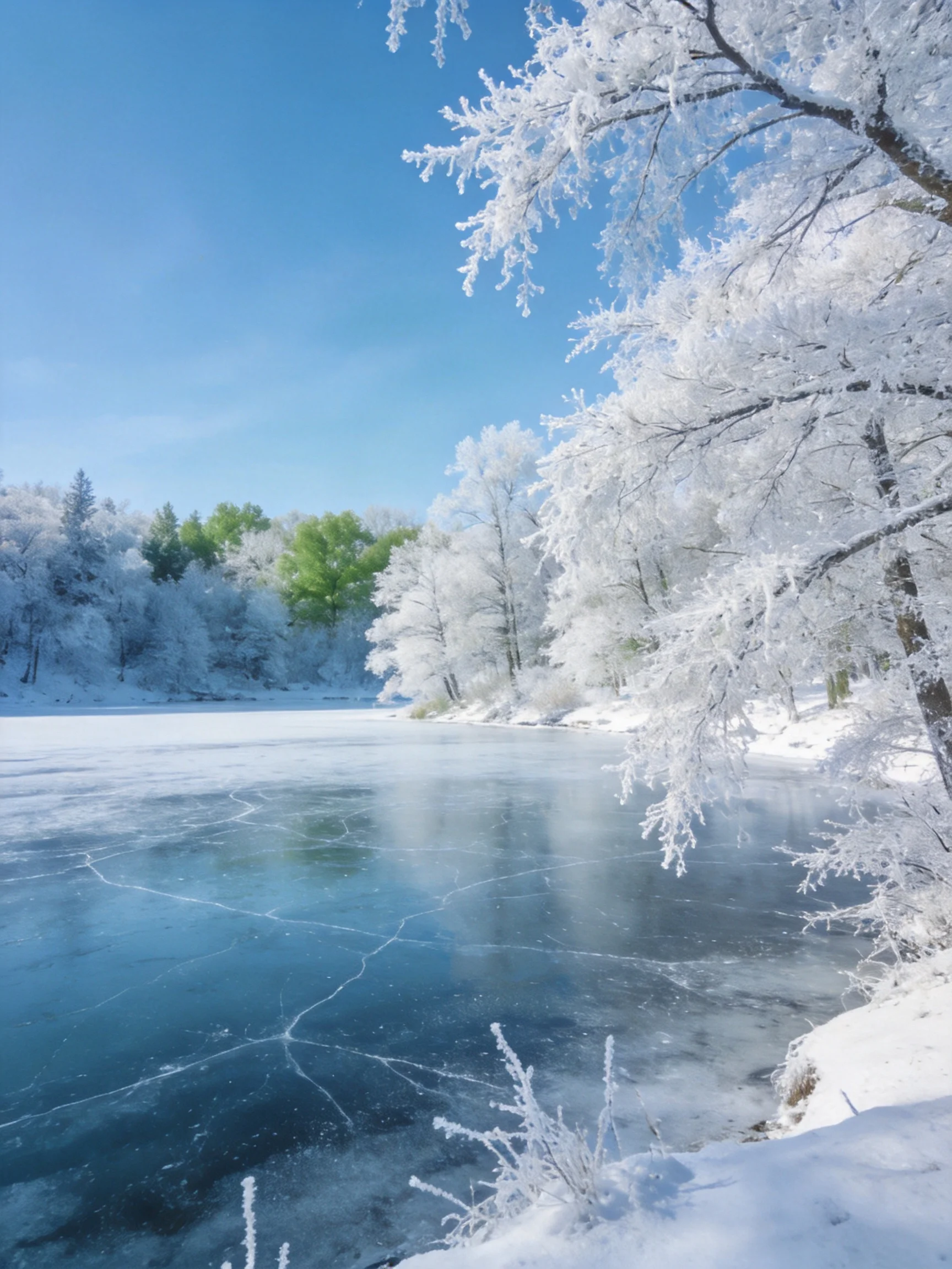 A frozen lake encircled by heavily frosted trees beneath a vivid blue sky
