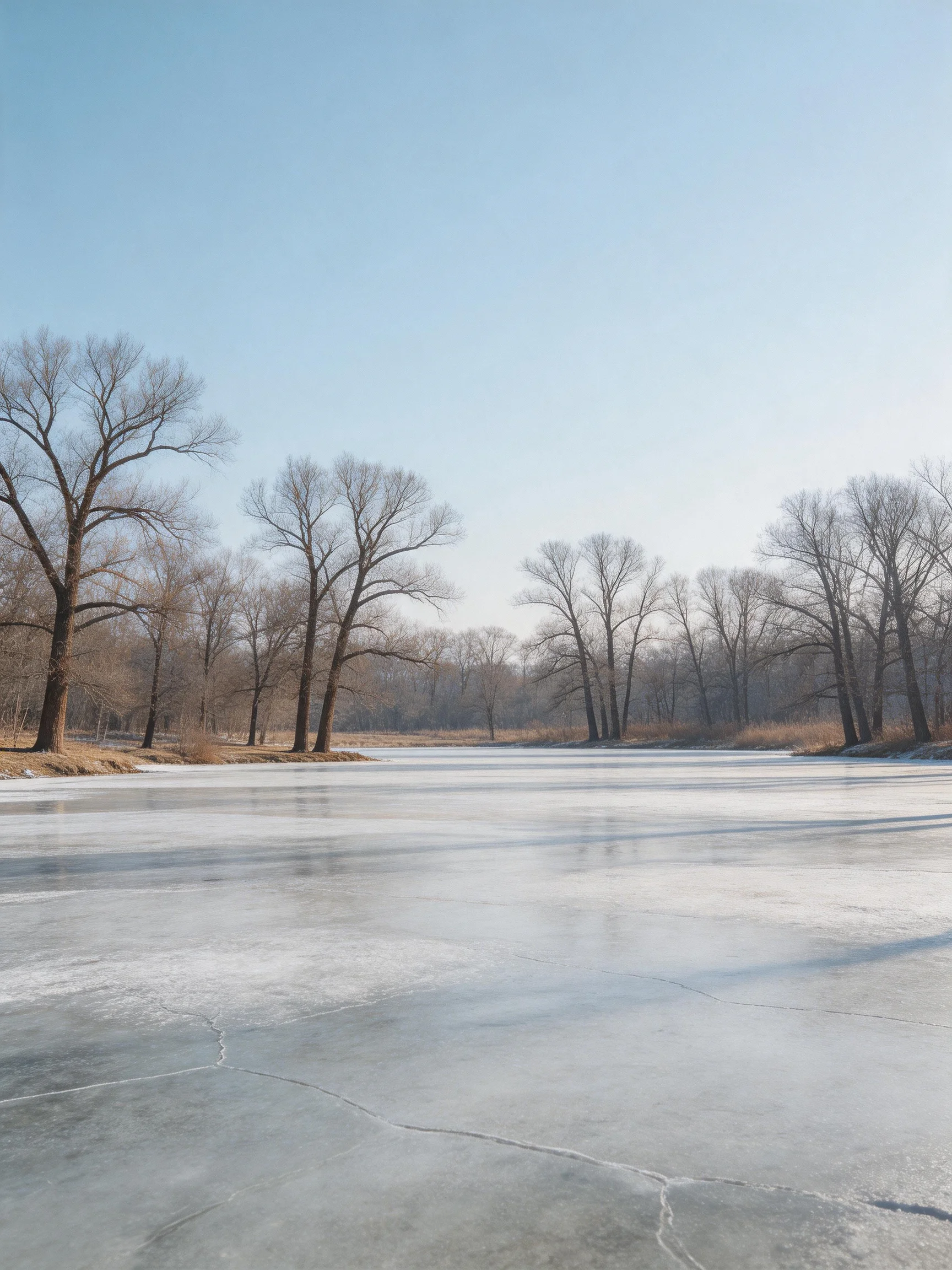 A frozen lake with leafless trees under a clear blue sky