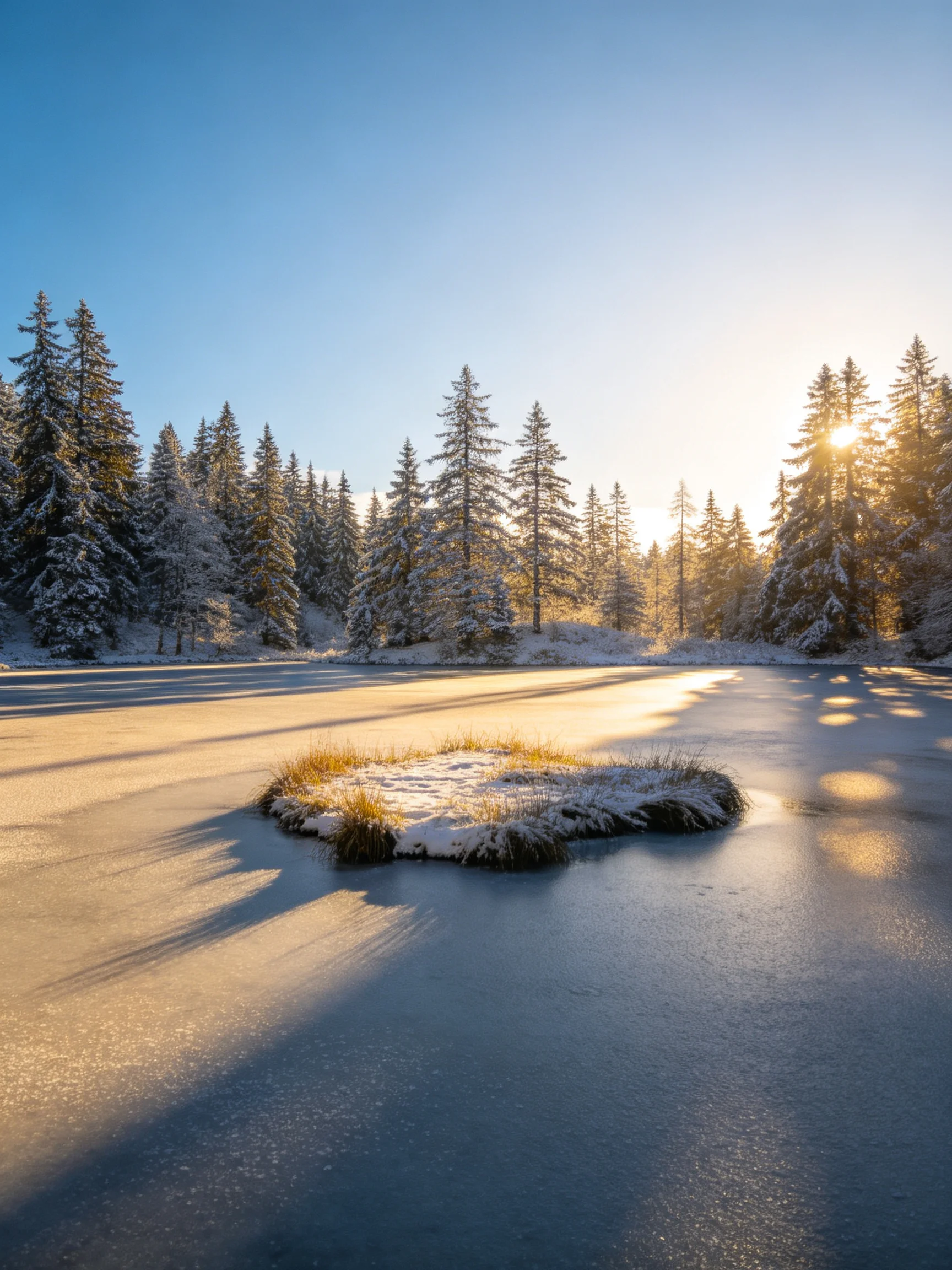 A frozen lake with snow-dusted evergreen forest and golden sunlight