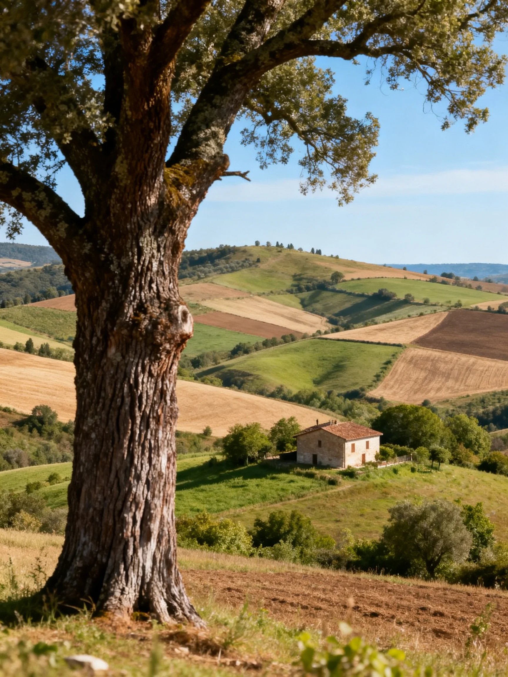 A giant oak tree overlooks diverse rolling hills with a stone house