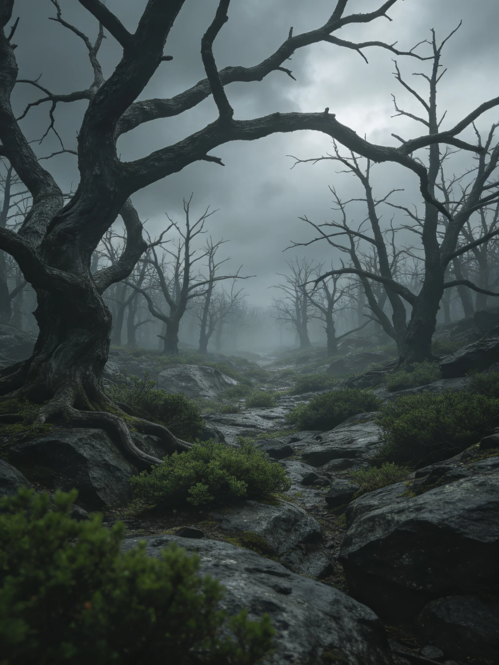 A gloomy forest with twisted bare trees and rocky terrain