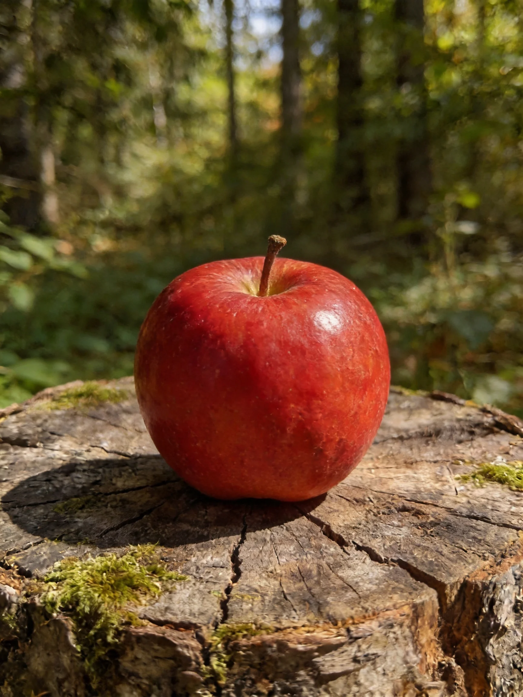 A glossy red apple rests on a moss-covered tree stump in a sunlit forest