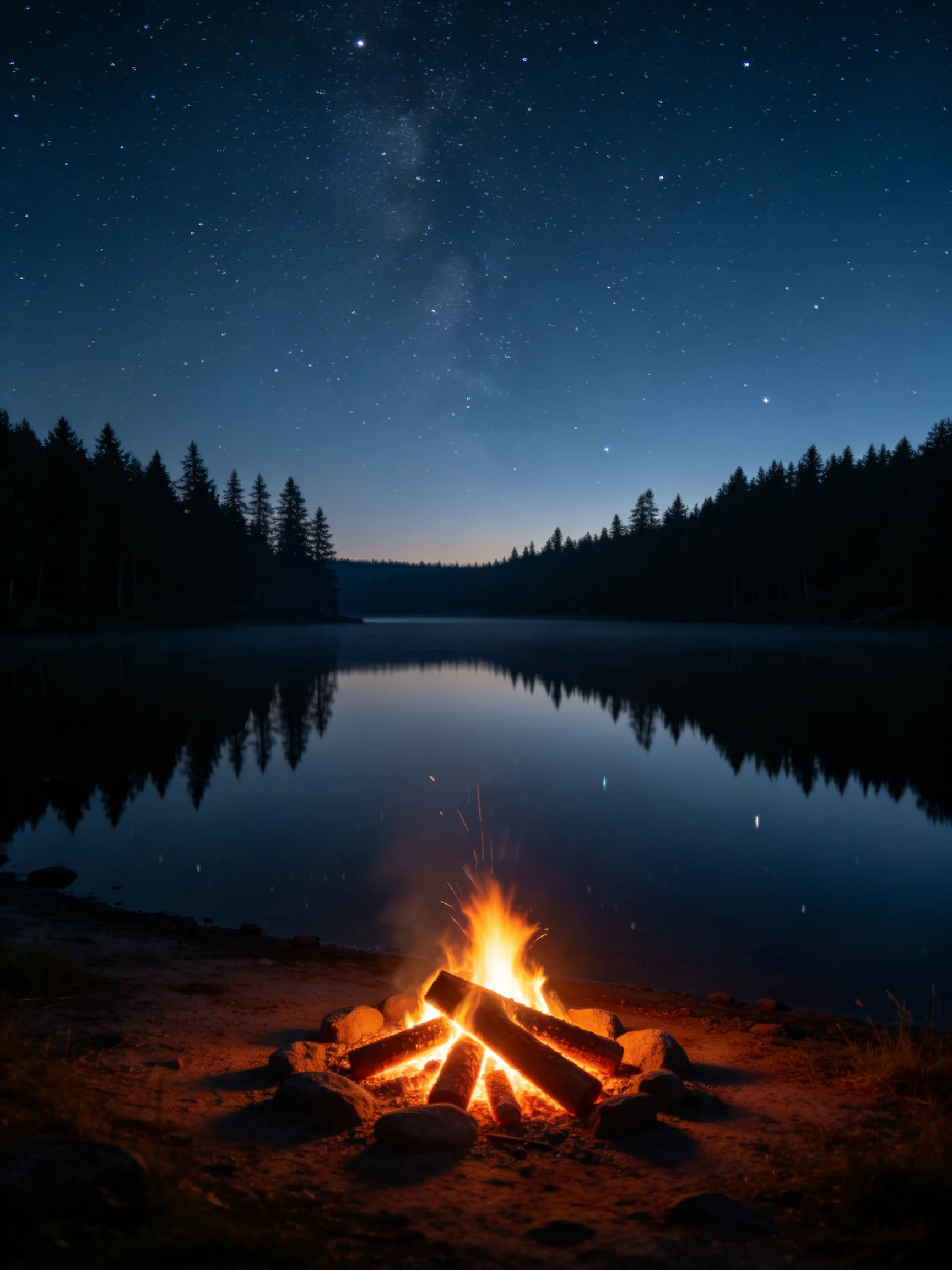 A glowing campfire by a serene lake under starry skies