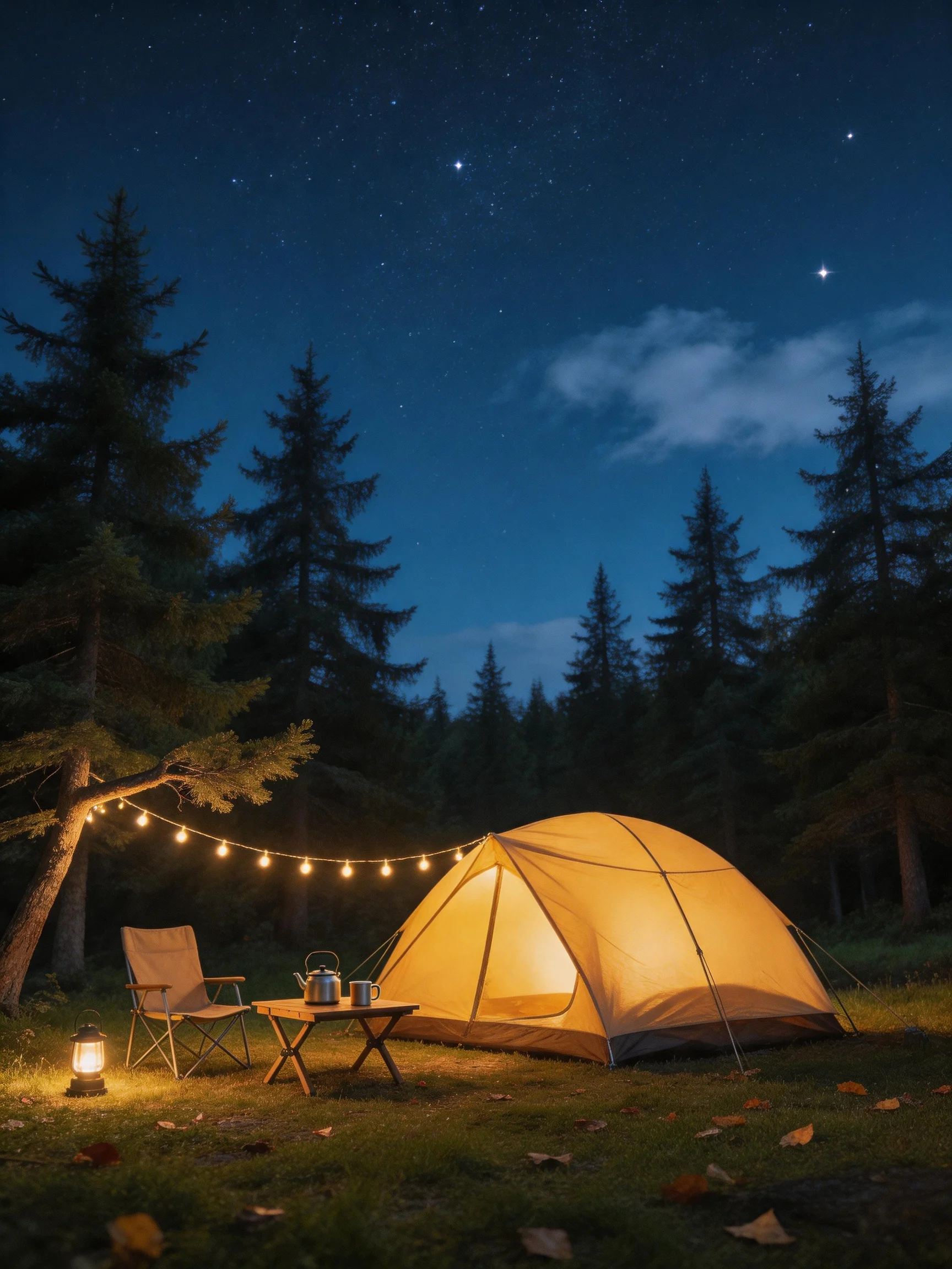 A glowing tent surrounded by trees under starry night sky