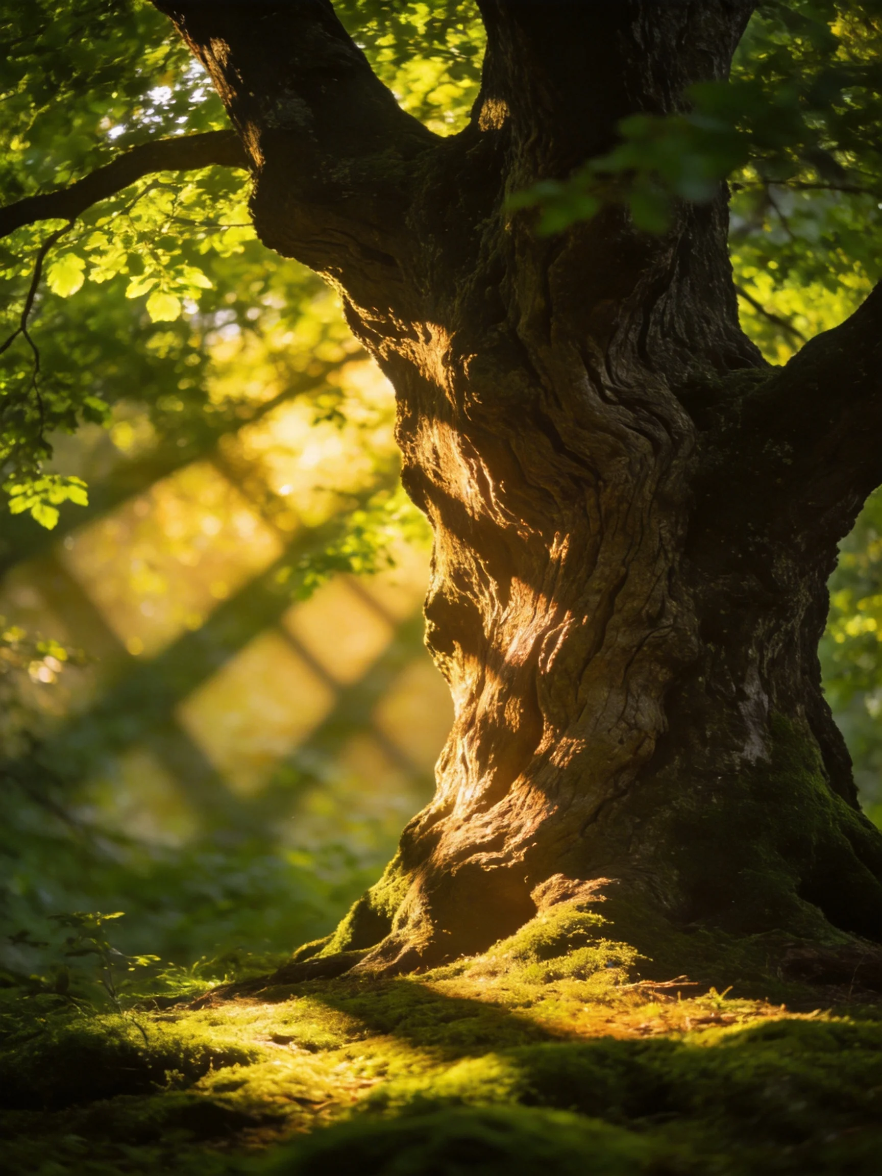 A gnarled ancient tree with textured bark in sunlit forest
