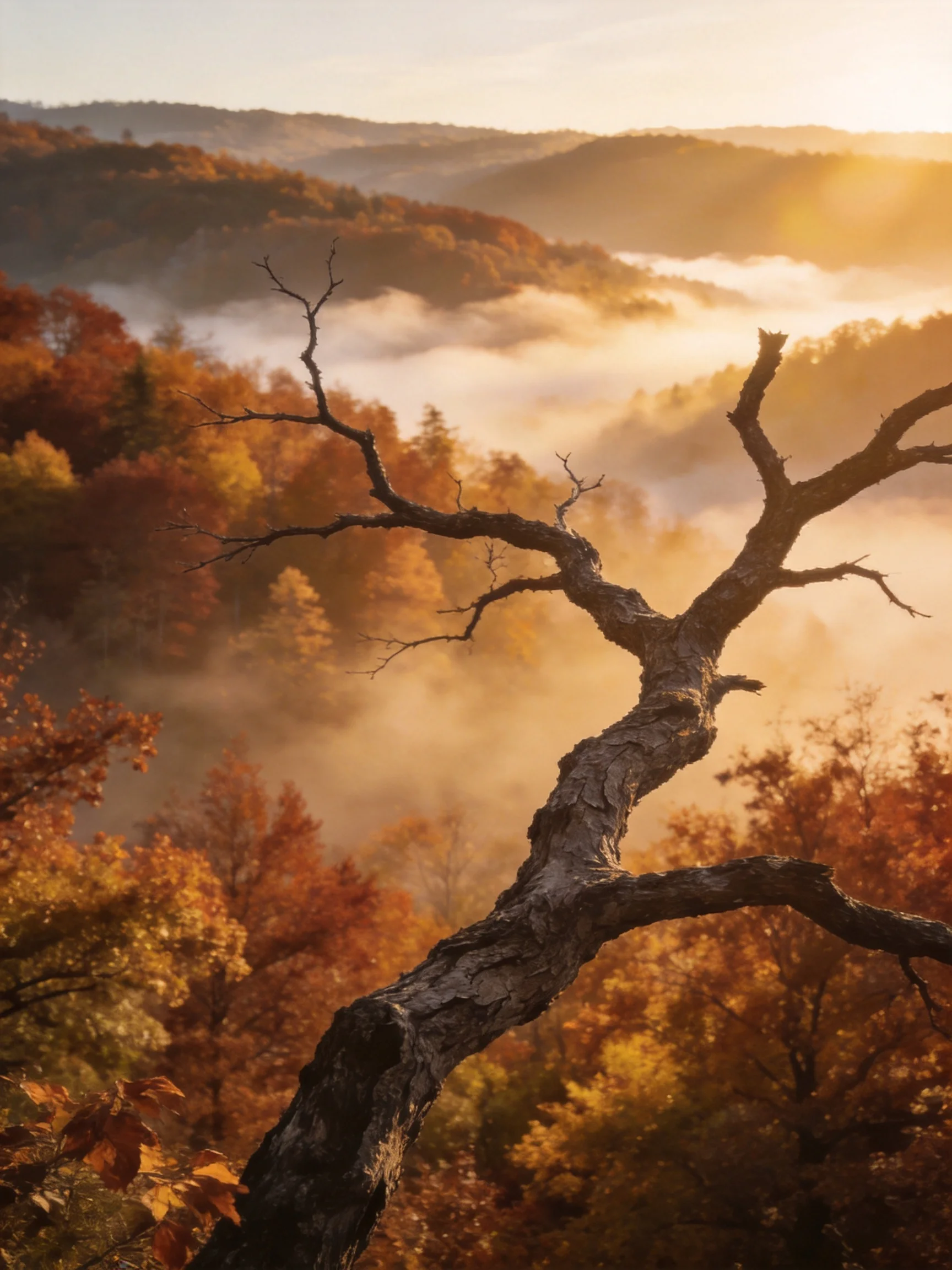 A gnarled branch overlooks autumn-hued hills with morning mist