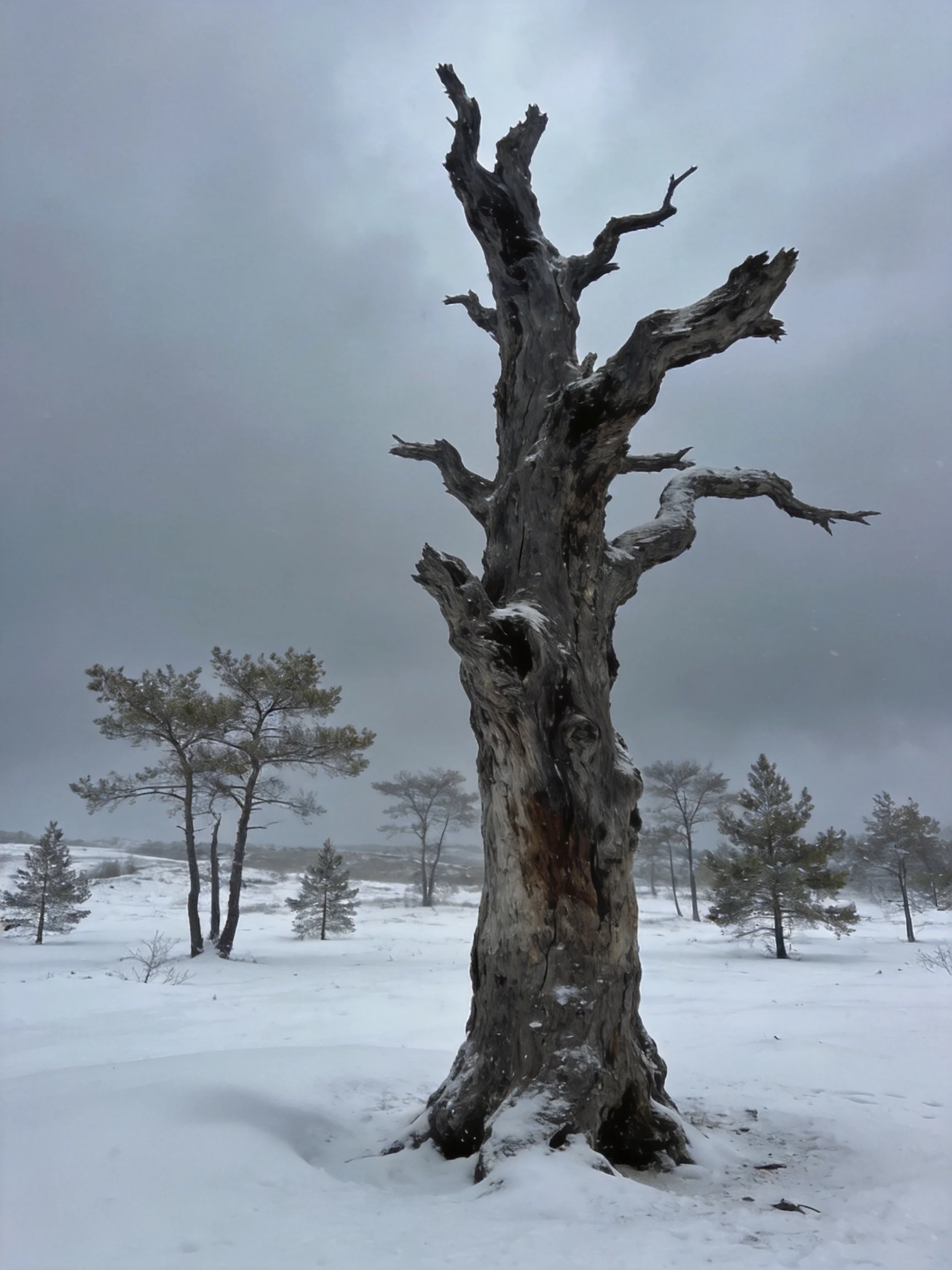A gnarled dead tree stands alone in a snowy landscape under gloomy skies.