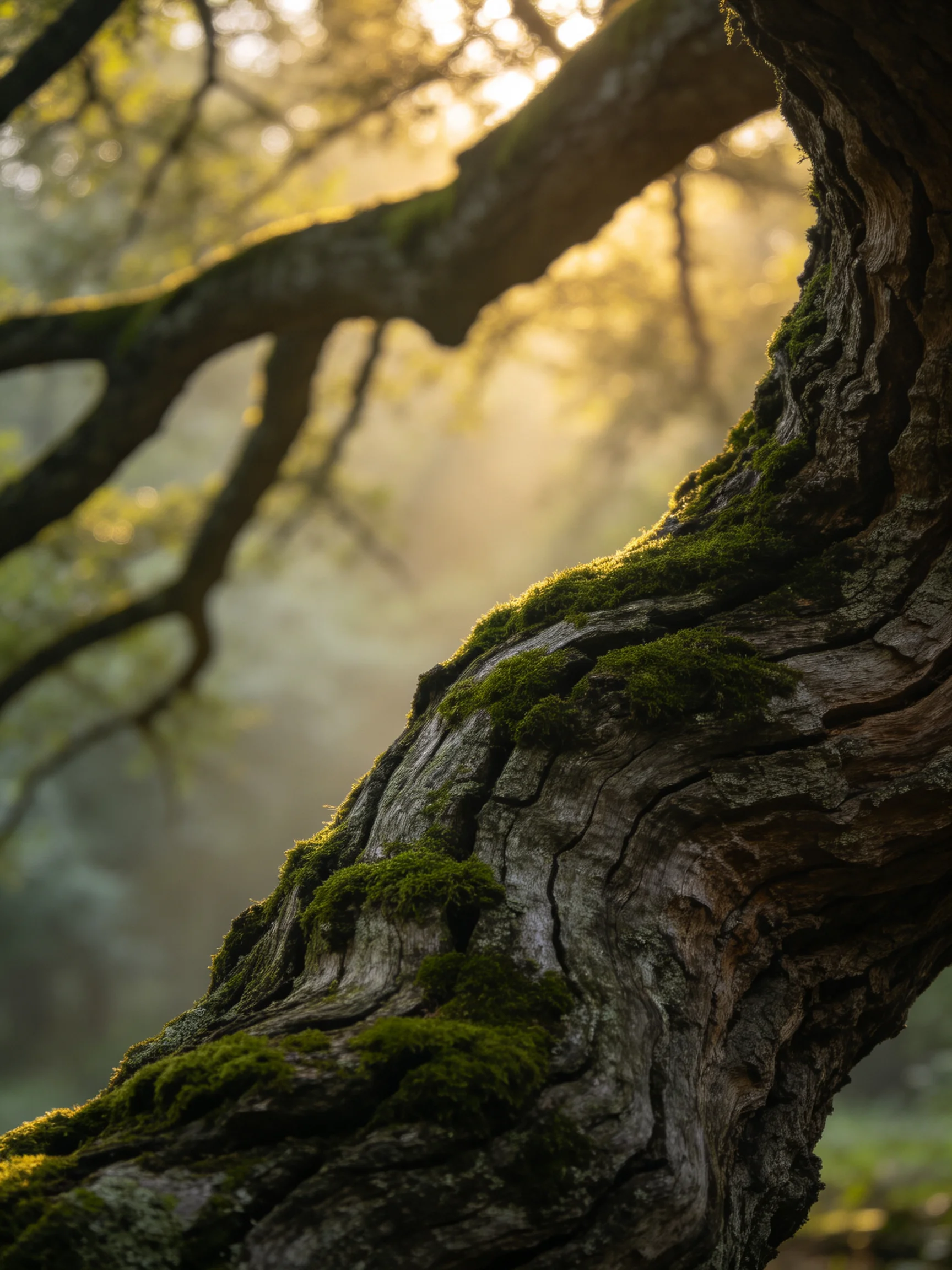 A gnarled oak branch covered in vibrant green moss under golden sunlight
