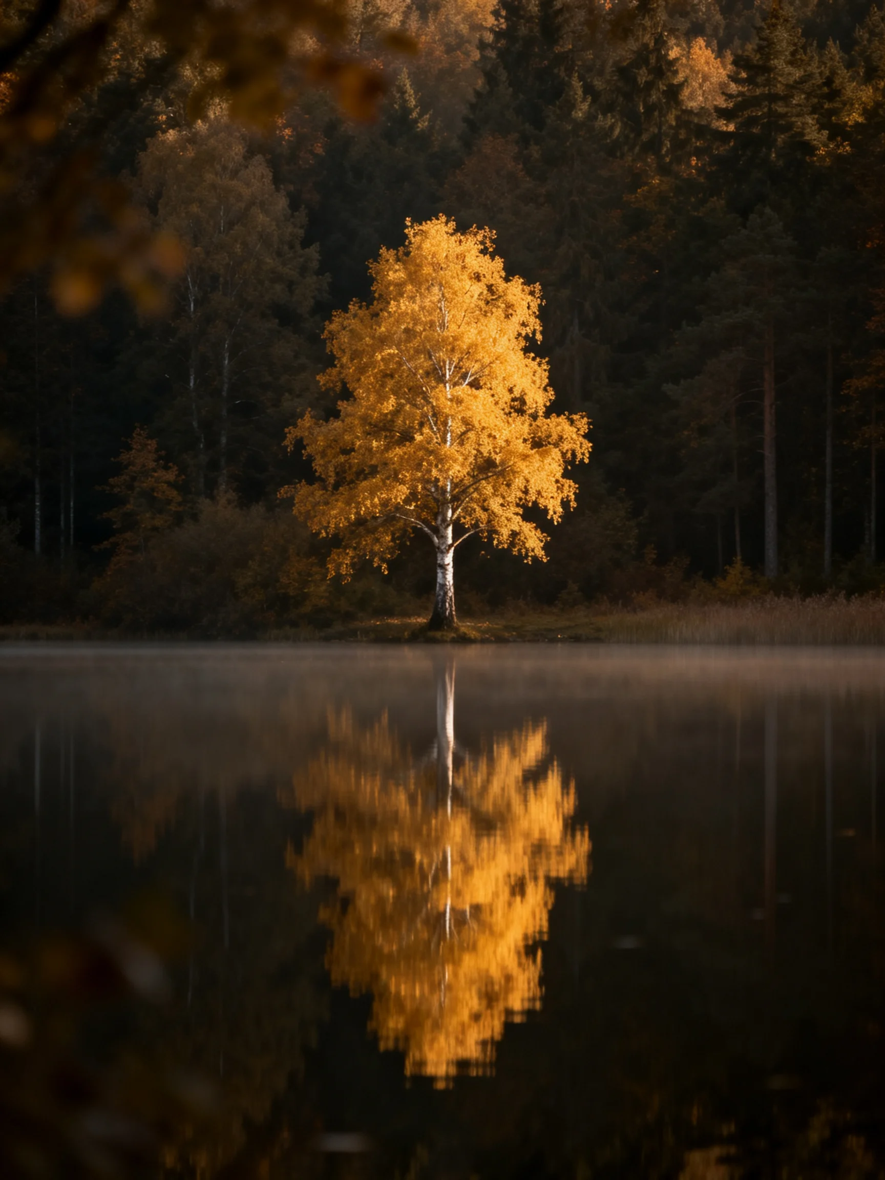 A golden birch tree reflects in calm forest waters