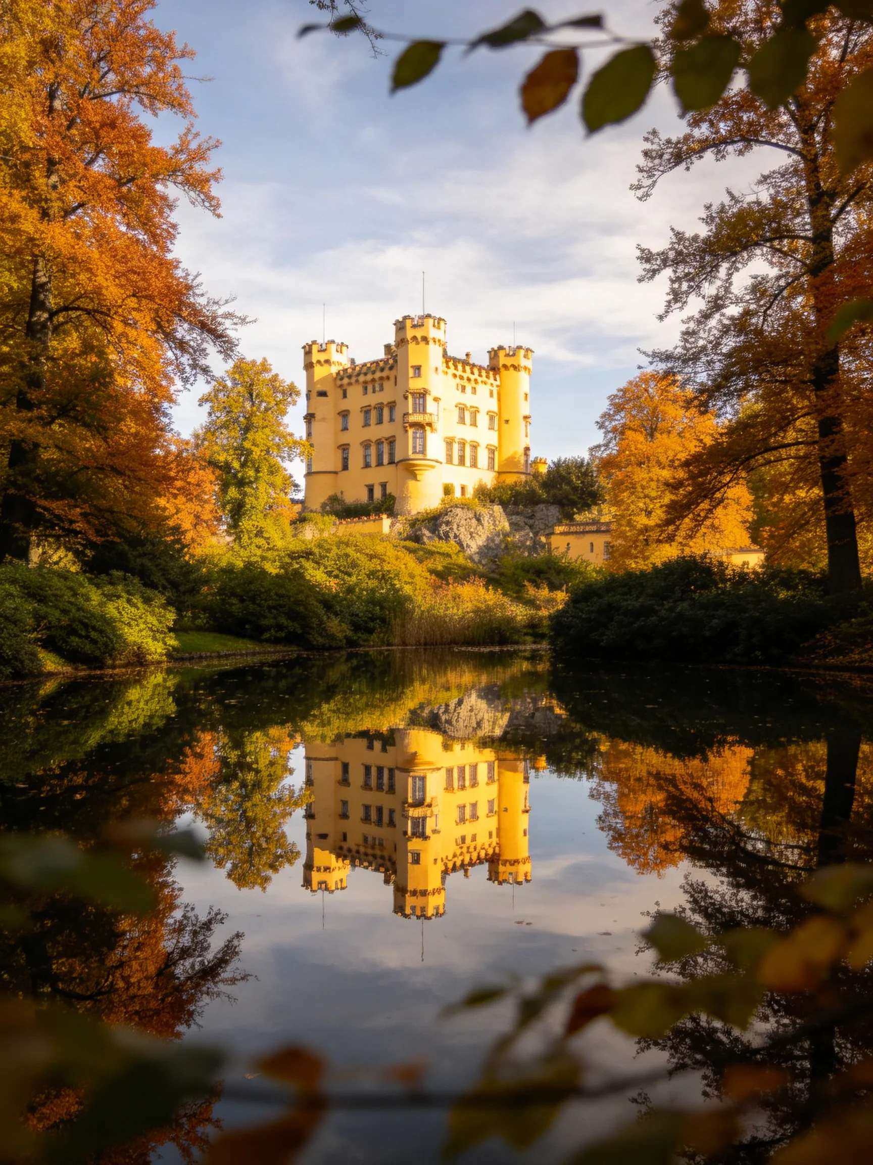 A golden castle reflected in calm waters amid autumn foliage