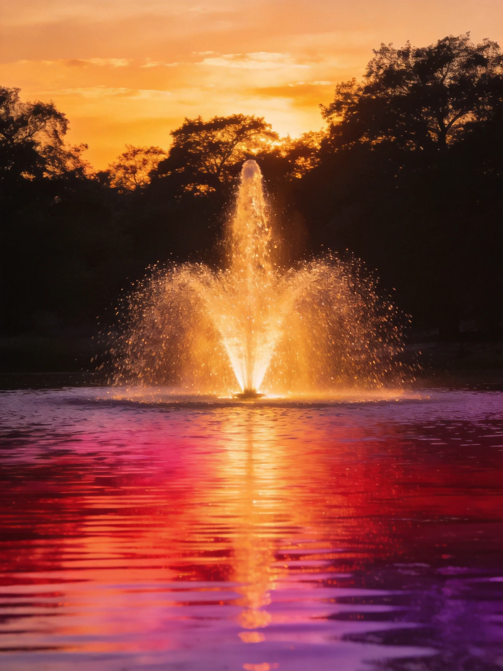 A golden fountain reflects vibrant sunset hues over calm waters