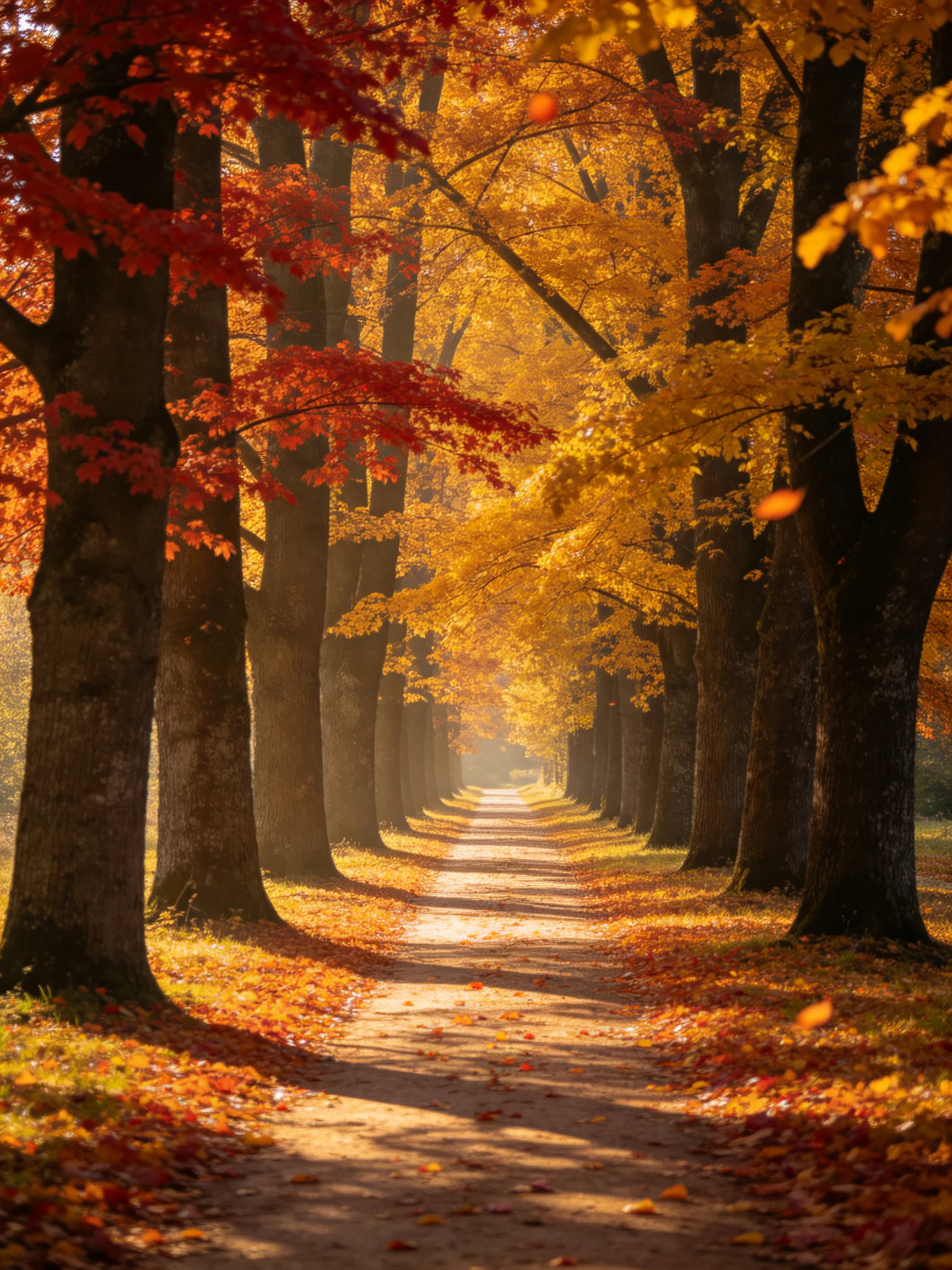 A golden-hued autumn pathway lined with tall, colorful trees
