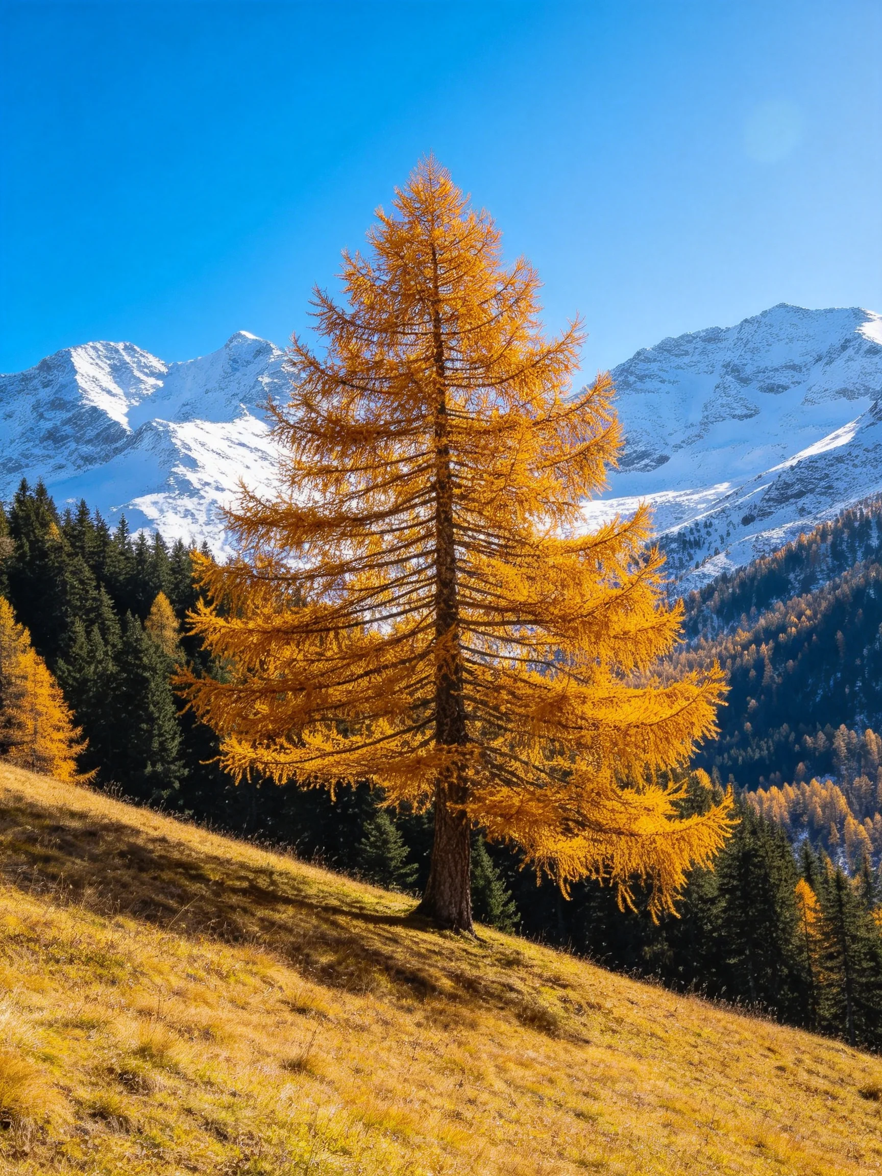 A golden larch tree in an alpine meadow with snow-capped mountains