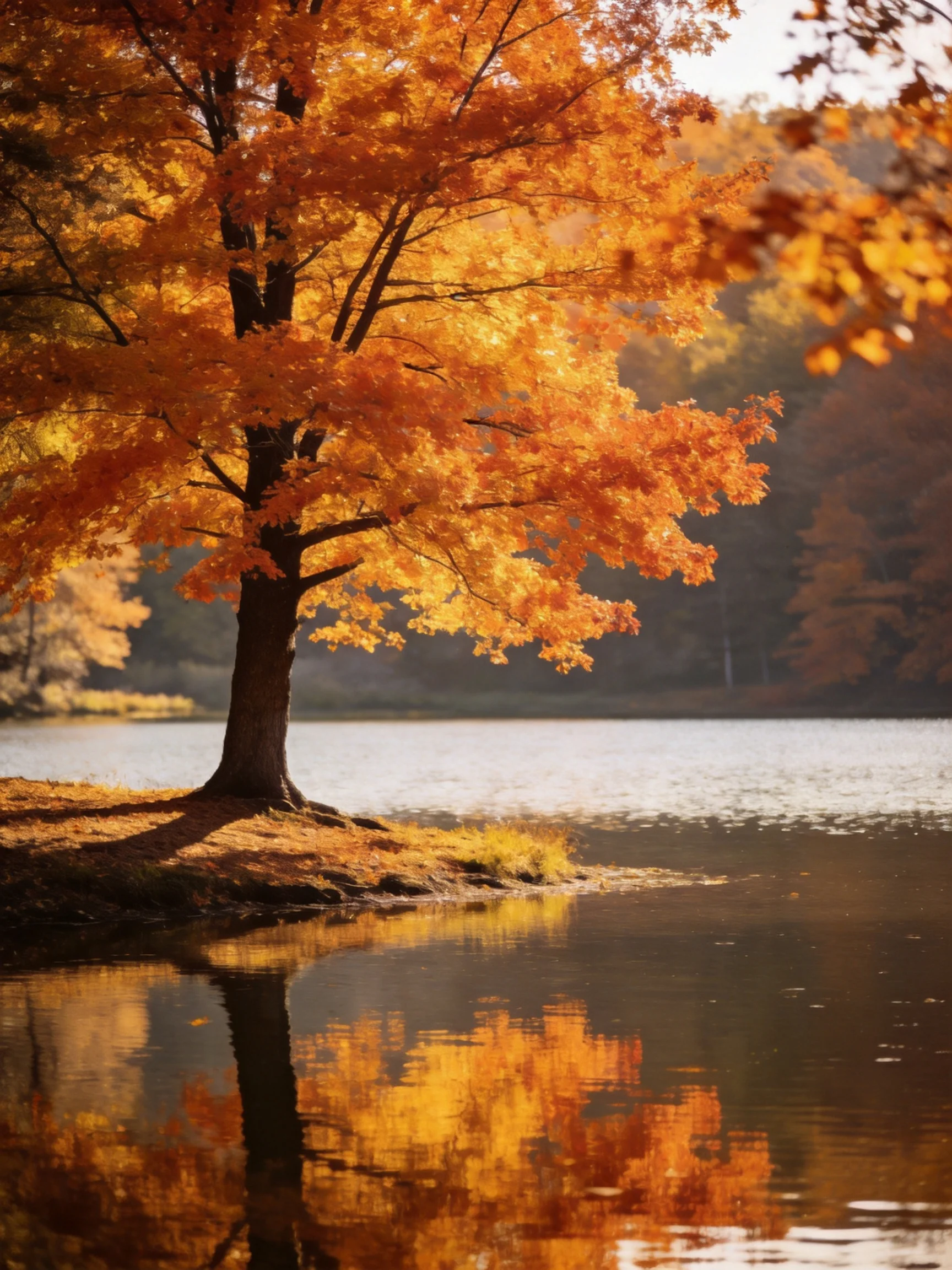 A golden-leaved maple tree by a tranquil autumn lake