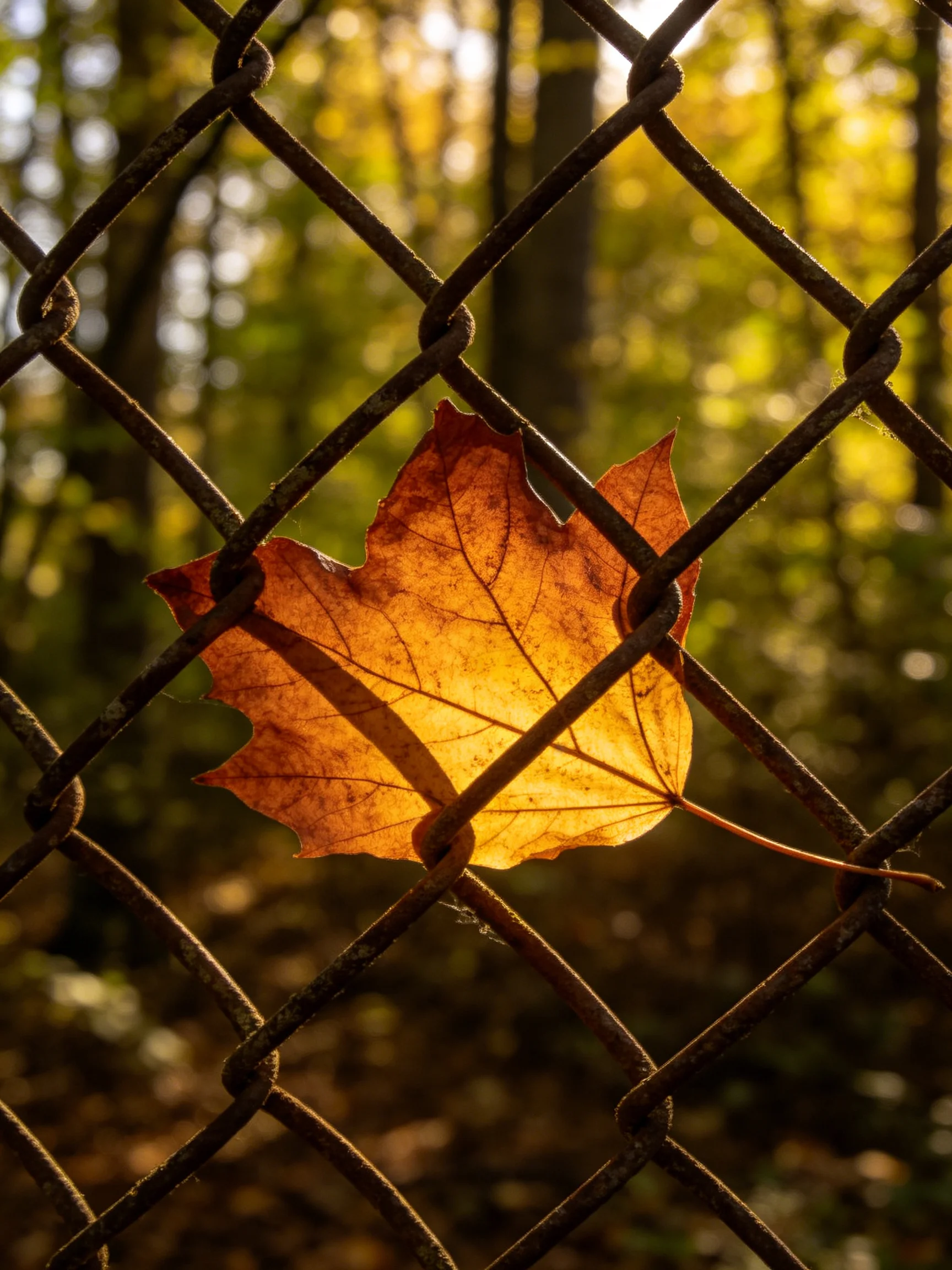 A golden maple leaf trapped behind a rusty chain-link fence