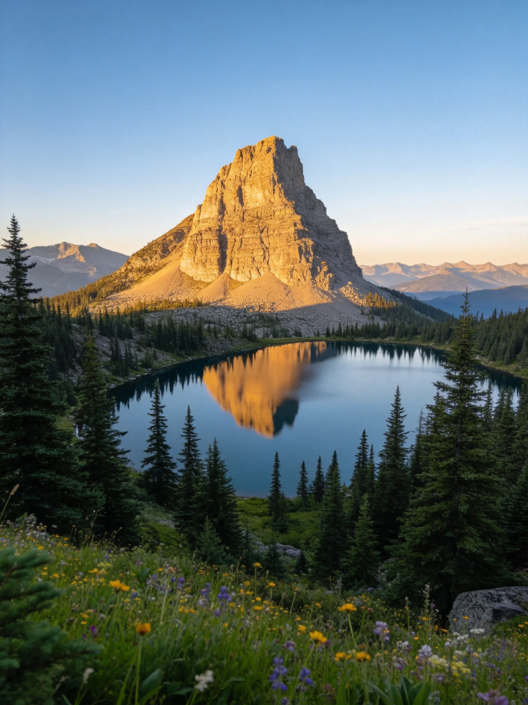 A golden mountain reflects in a blue lake with green surroundings