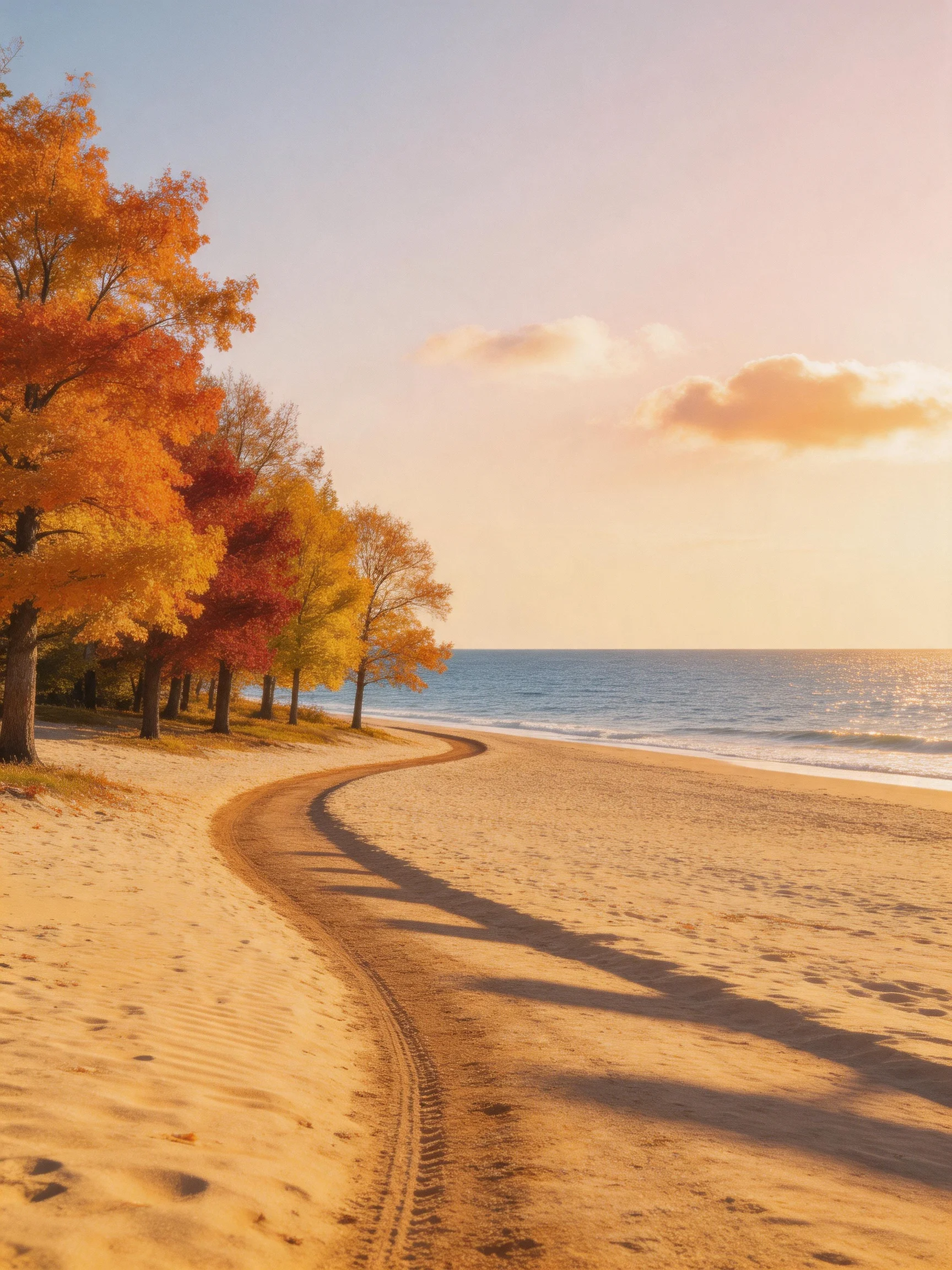 A golden sandy beach with vibrant fall trees and a winding path
