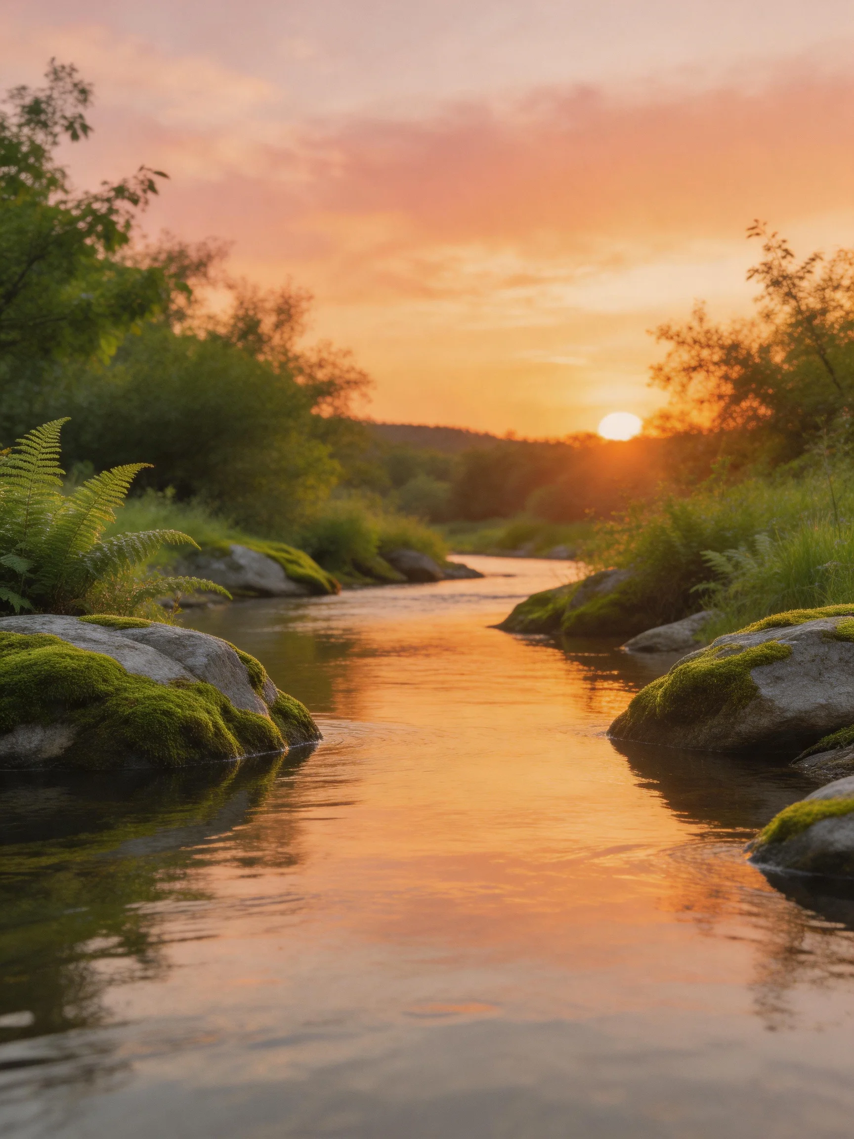 A golden sunset reflects on a calm river with moss-covered rocks