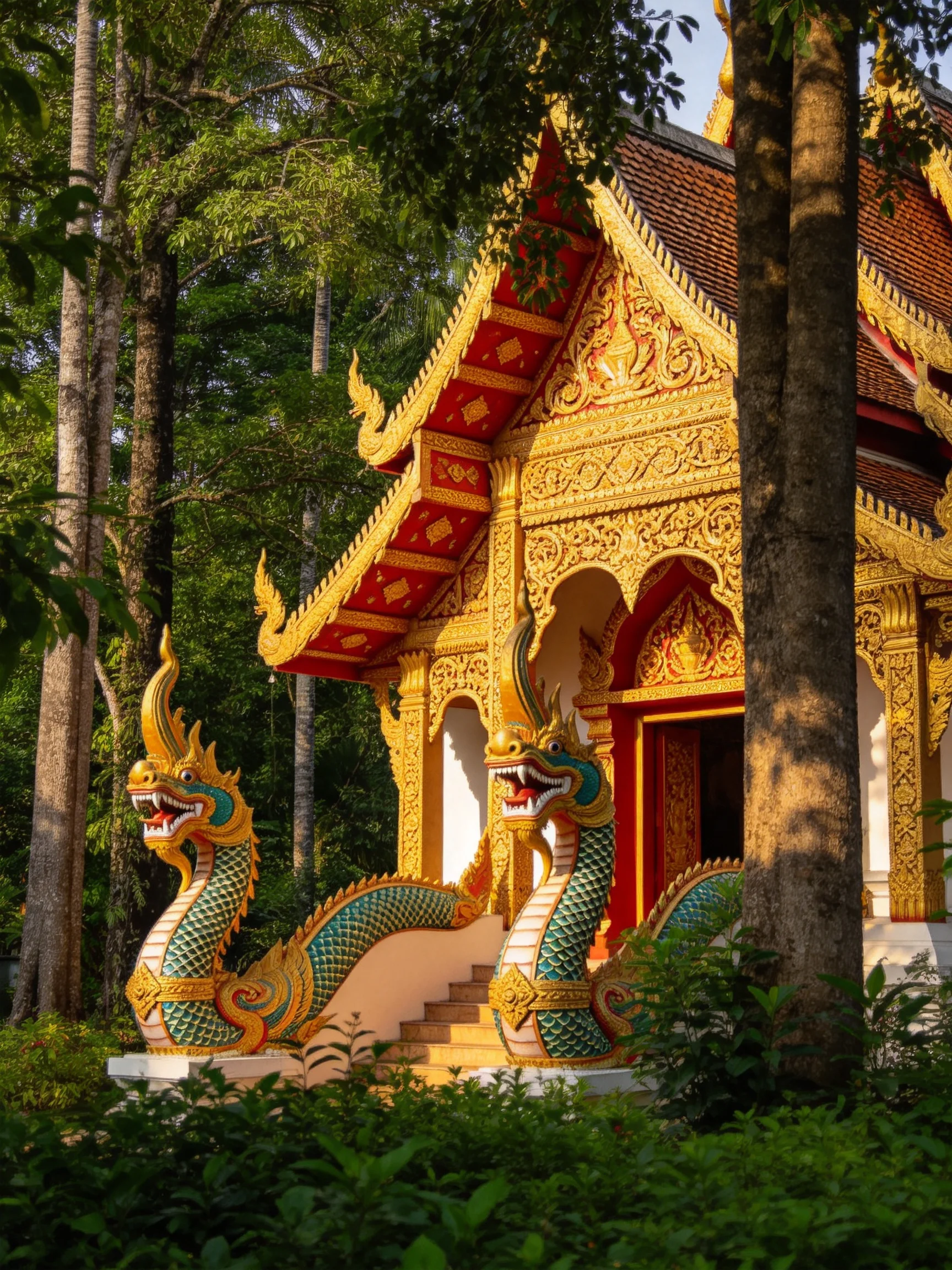 A golden temple with two dragon statues surrounded by trees