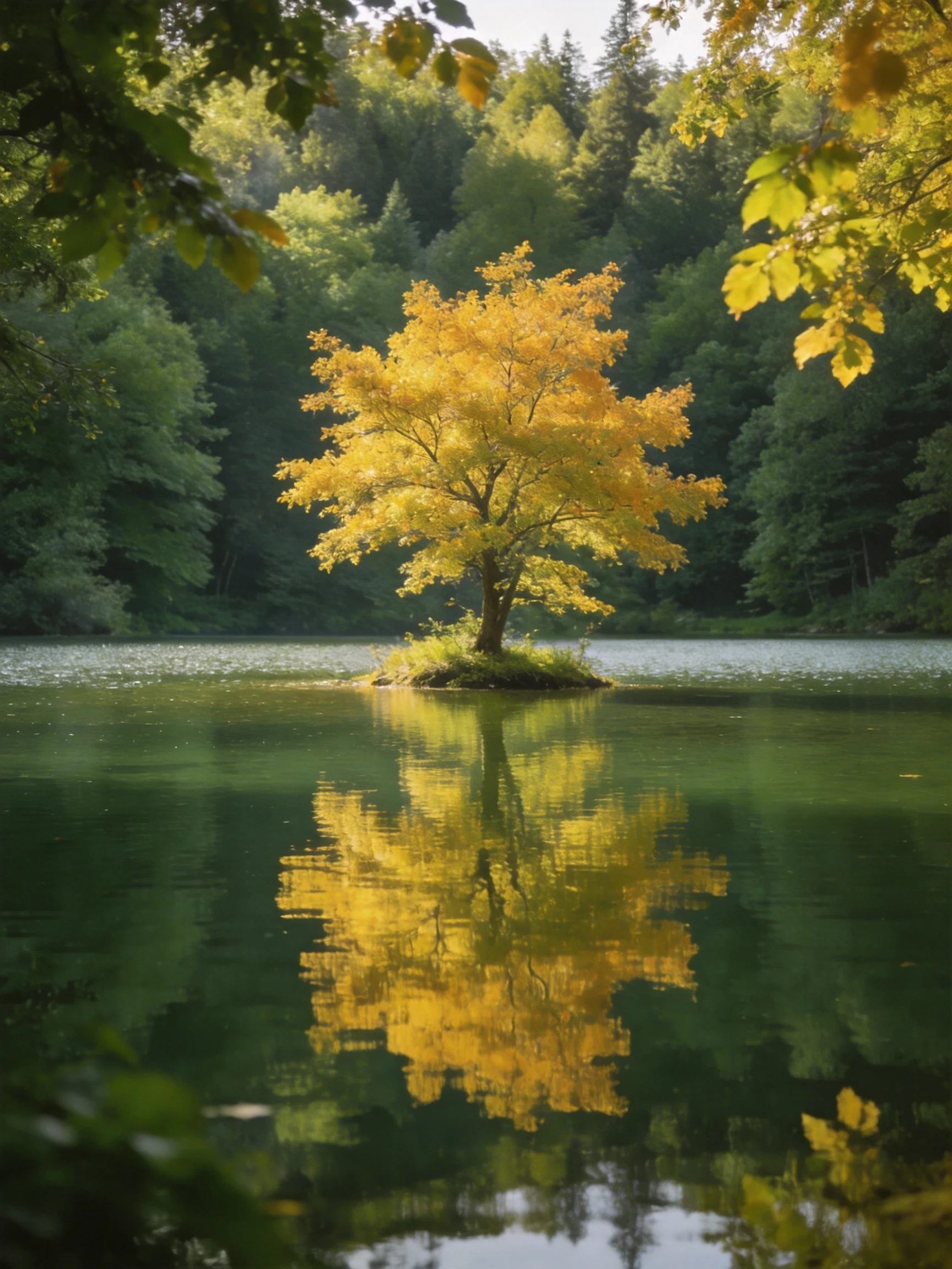 A golden tree stands alone on a small island in calm water