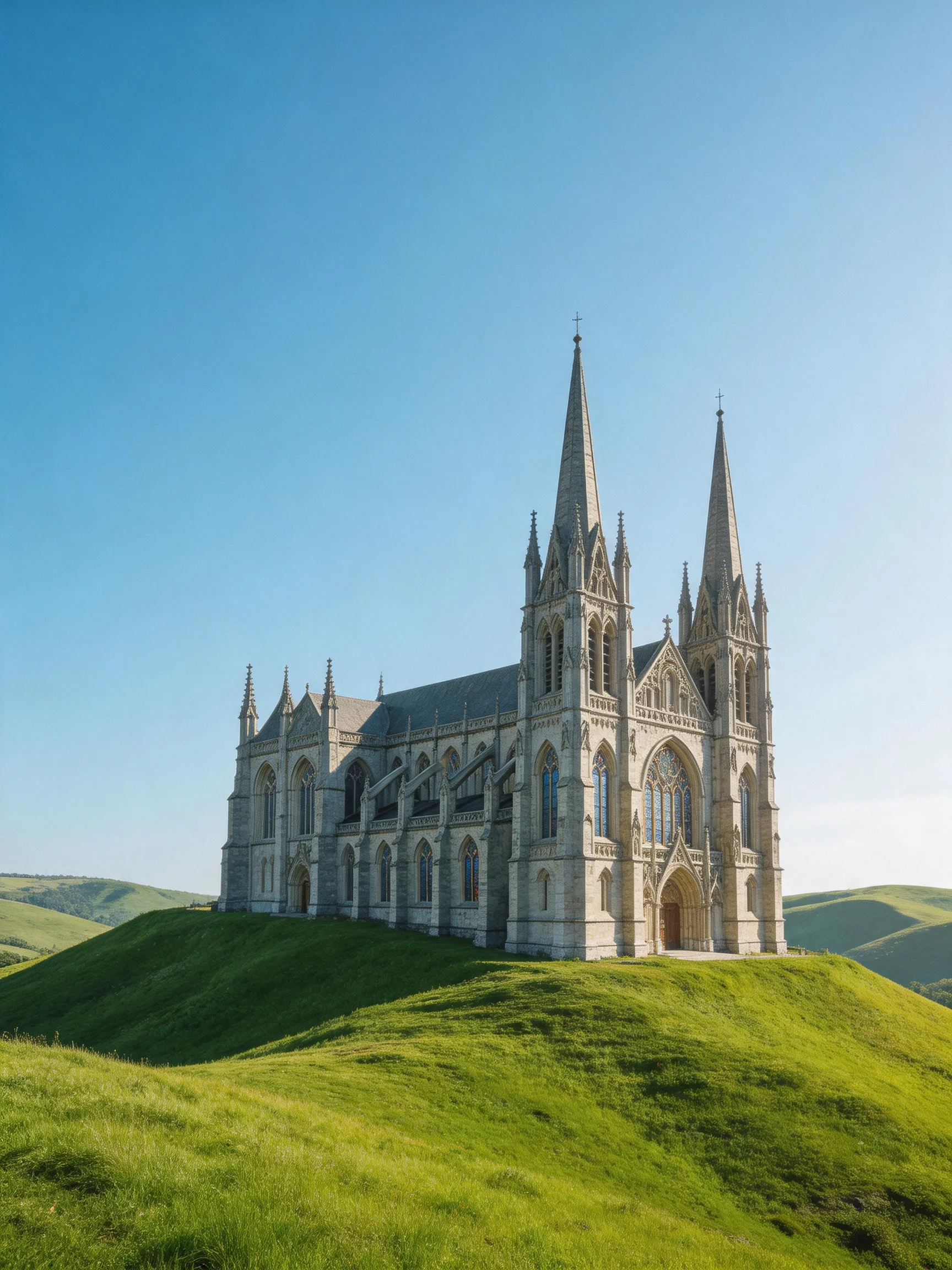 A grand Gothic church situated on a verdant hilltop