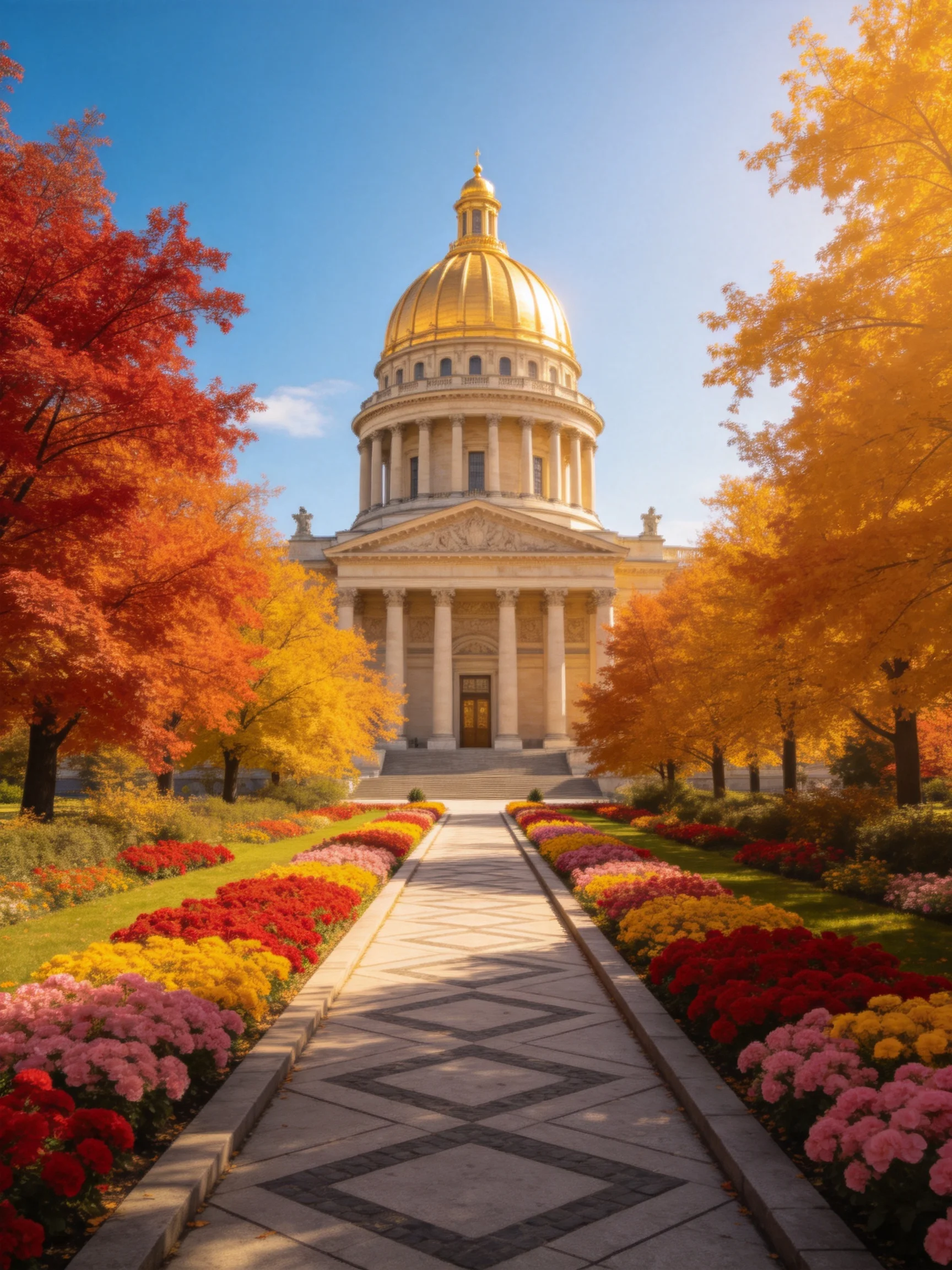 A grand building with a golden dome, autumn-colored trees, and vibrant flower beds