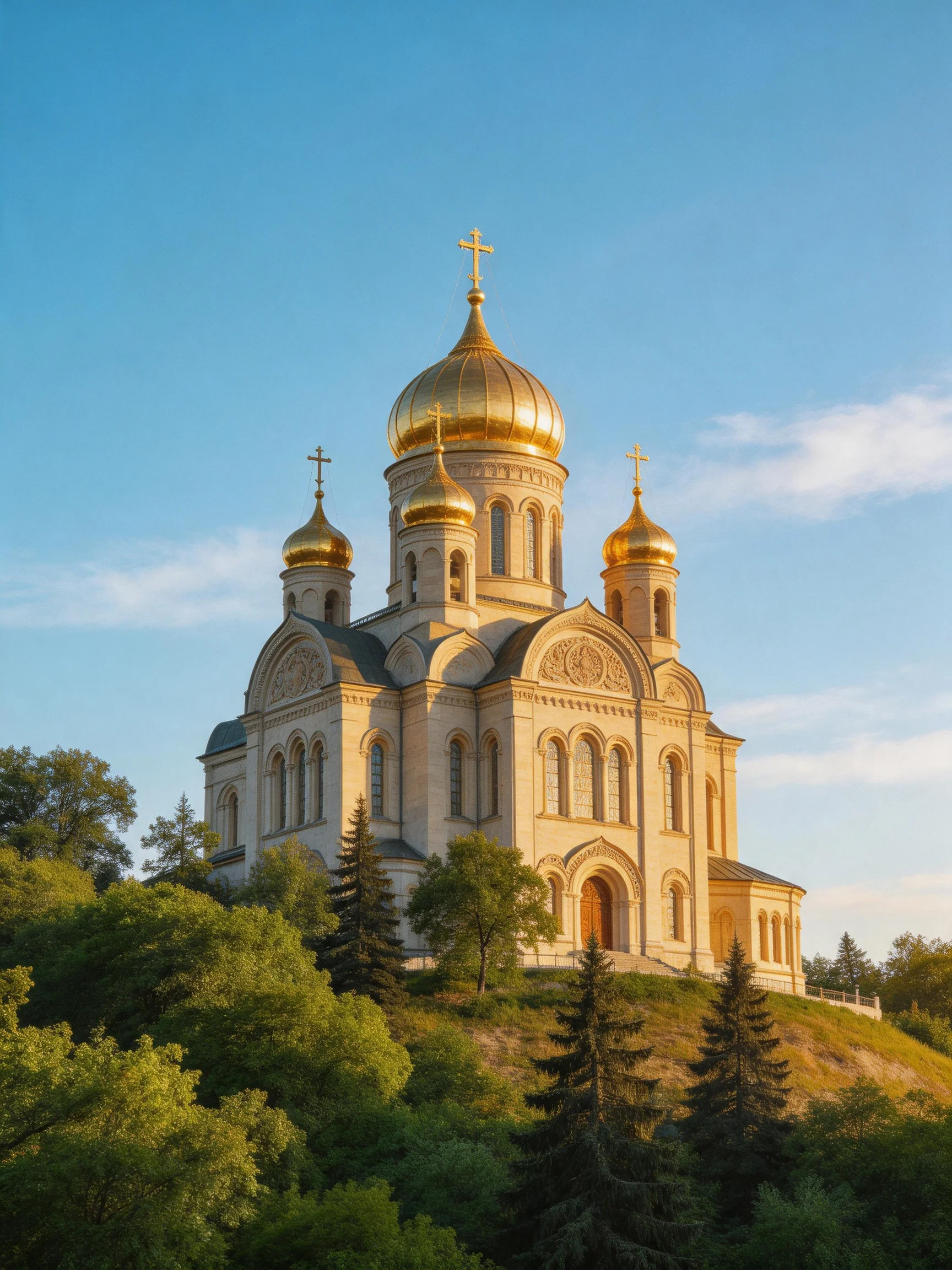 A grand church with golden domes atop a lush green hill