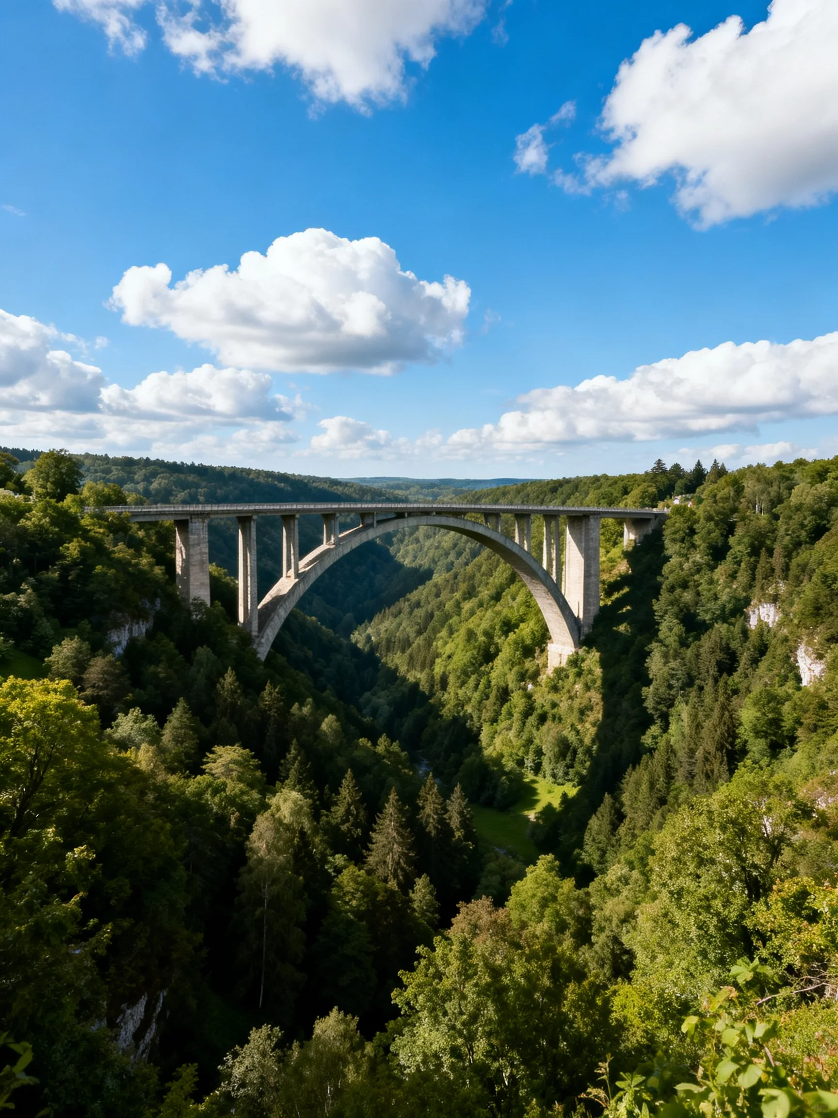 A grand concrete arch bridge spans a lush forest canyon under bright blue skies
