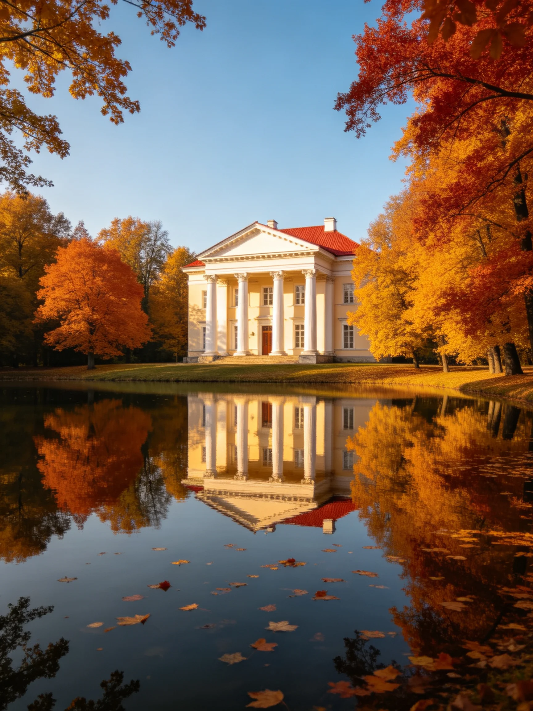 A grand mansion with white columns, red roof, reflected by autumn foliage