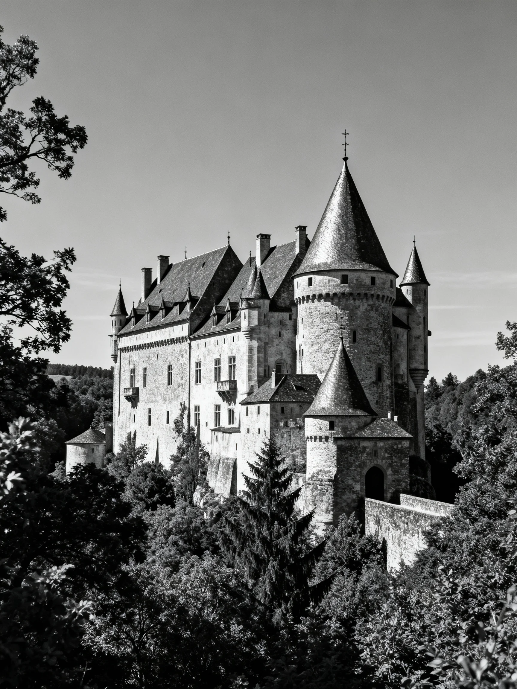 A grand medieval stone castle with towers, nestled among dense trees