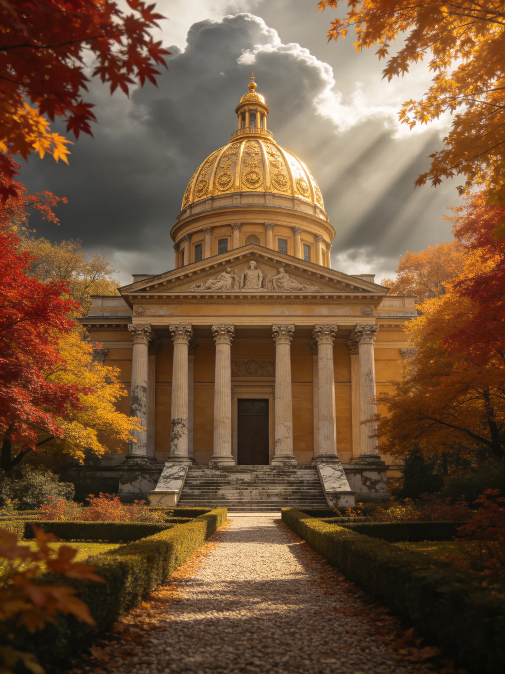 A grand neoclassical building with a golden dome surrounded by autumn trees
