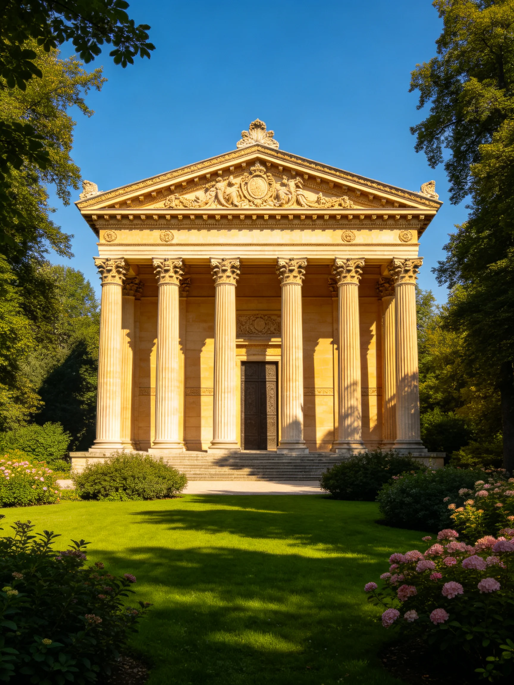 A grand neoclassical temple with tall columns and lush gardens